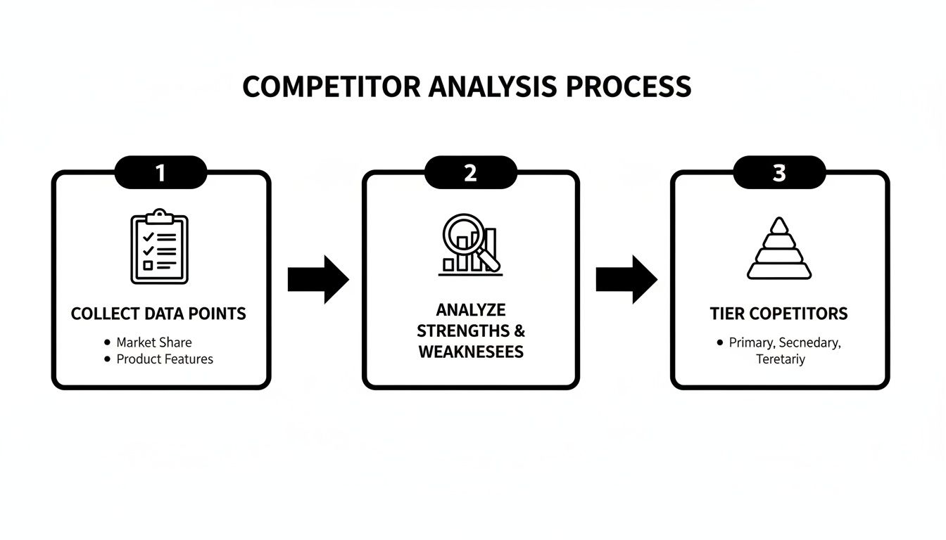 A three-step competitor analysis process infographic showing data collection, strengths, weaknesses, and competitor tiering.
