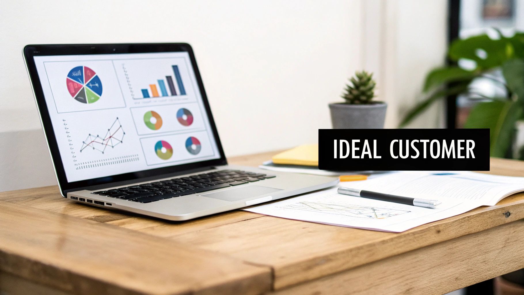 A laptop displaying business charts and graphs on a wooden desk, emphasizing an 'IDEAL CUSTOMER' strategy.