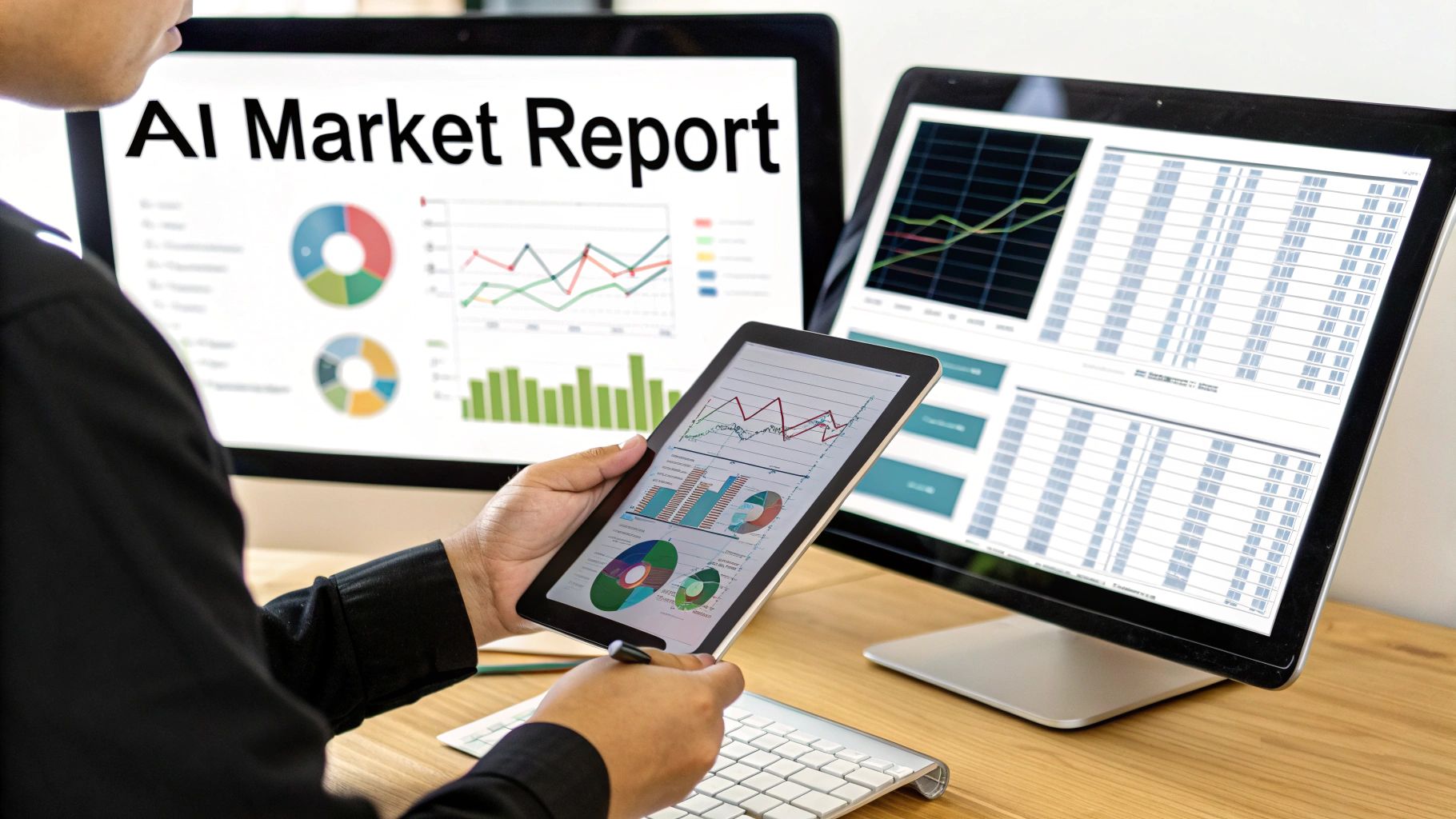 A person analyzes AI market reports and financial data on multiple screens and a tablet.