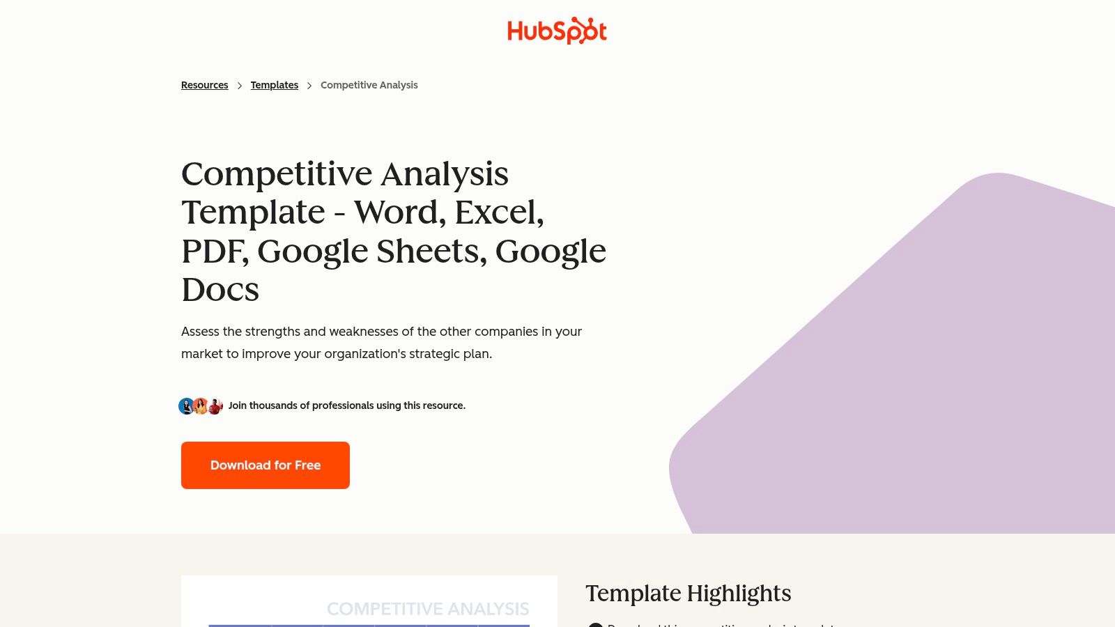 A screenshot of HubSpot's webpage offering a free competitive analysis kit, showing template previews for different business needs.