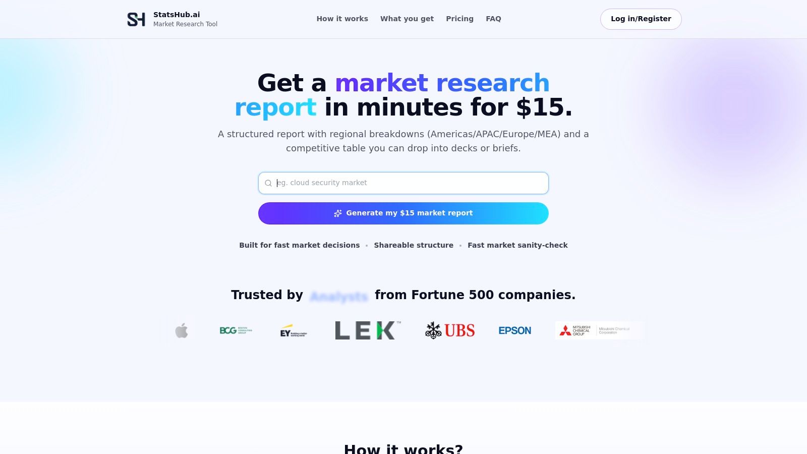 StatsHub.ai landing page showing a market research report on a laptop
