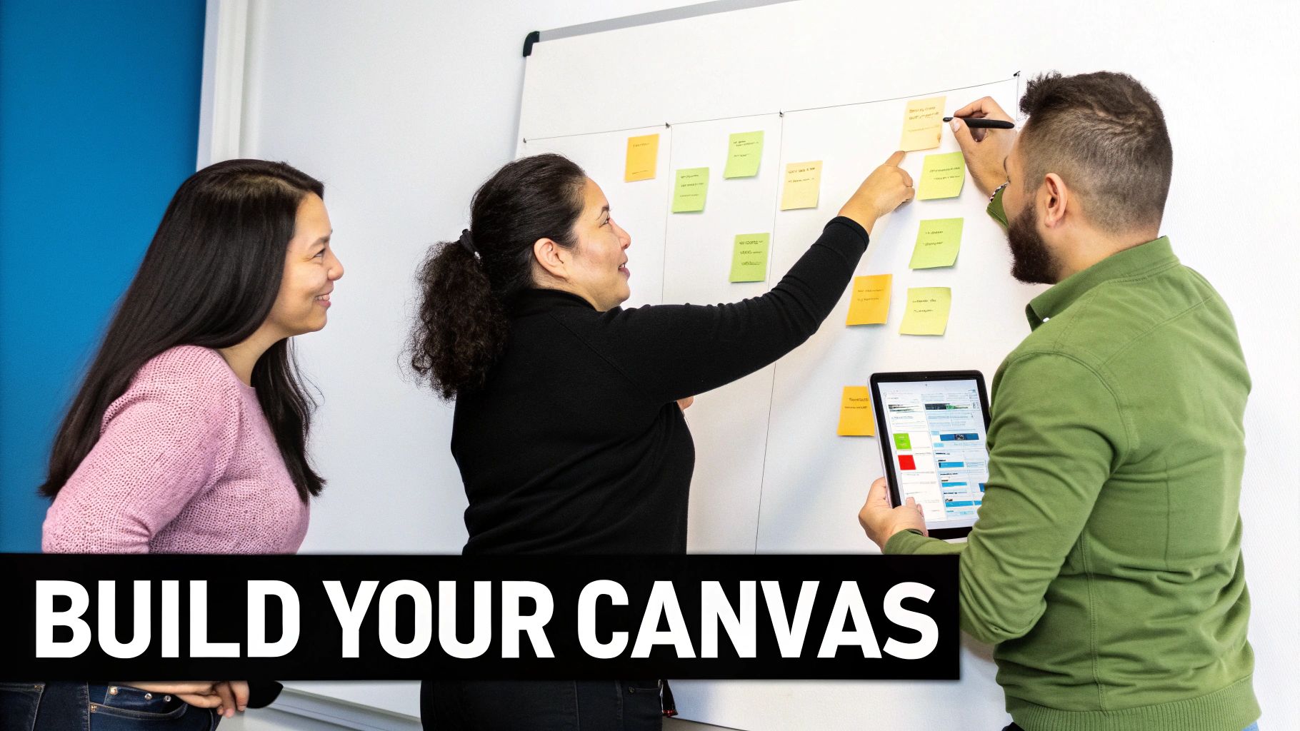 A team collaborating on a business model canvas with sticky notes