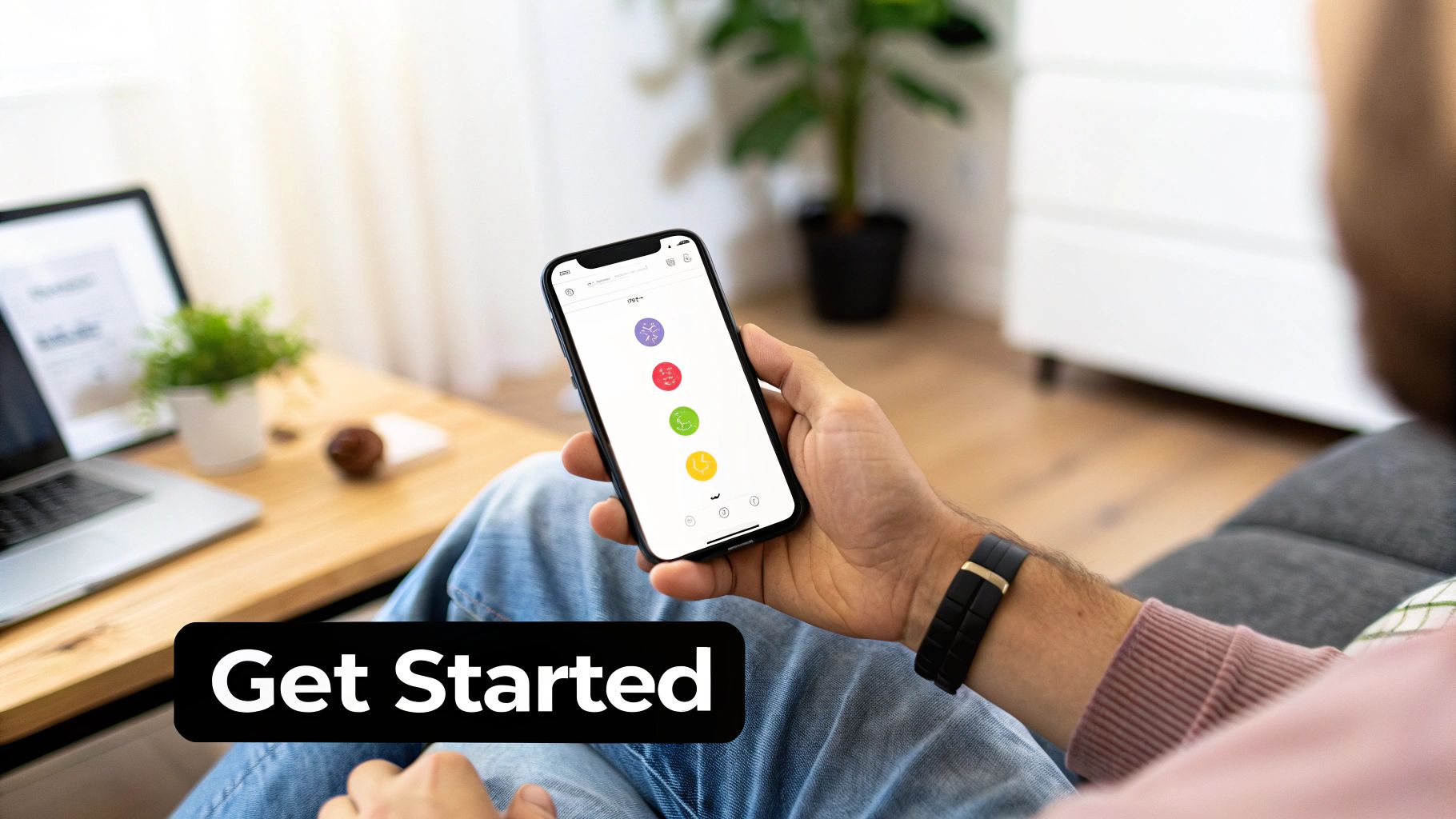 Person holding smartphone displaying a user-friendly interface with a "Get Started" prompt, emphasizing onboarding and first-time user experience for tech startups.