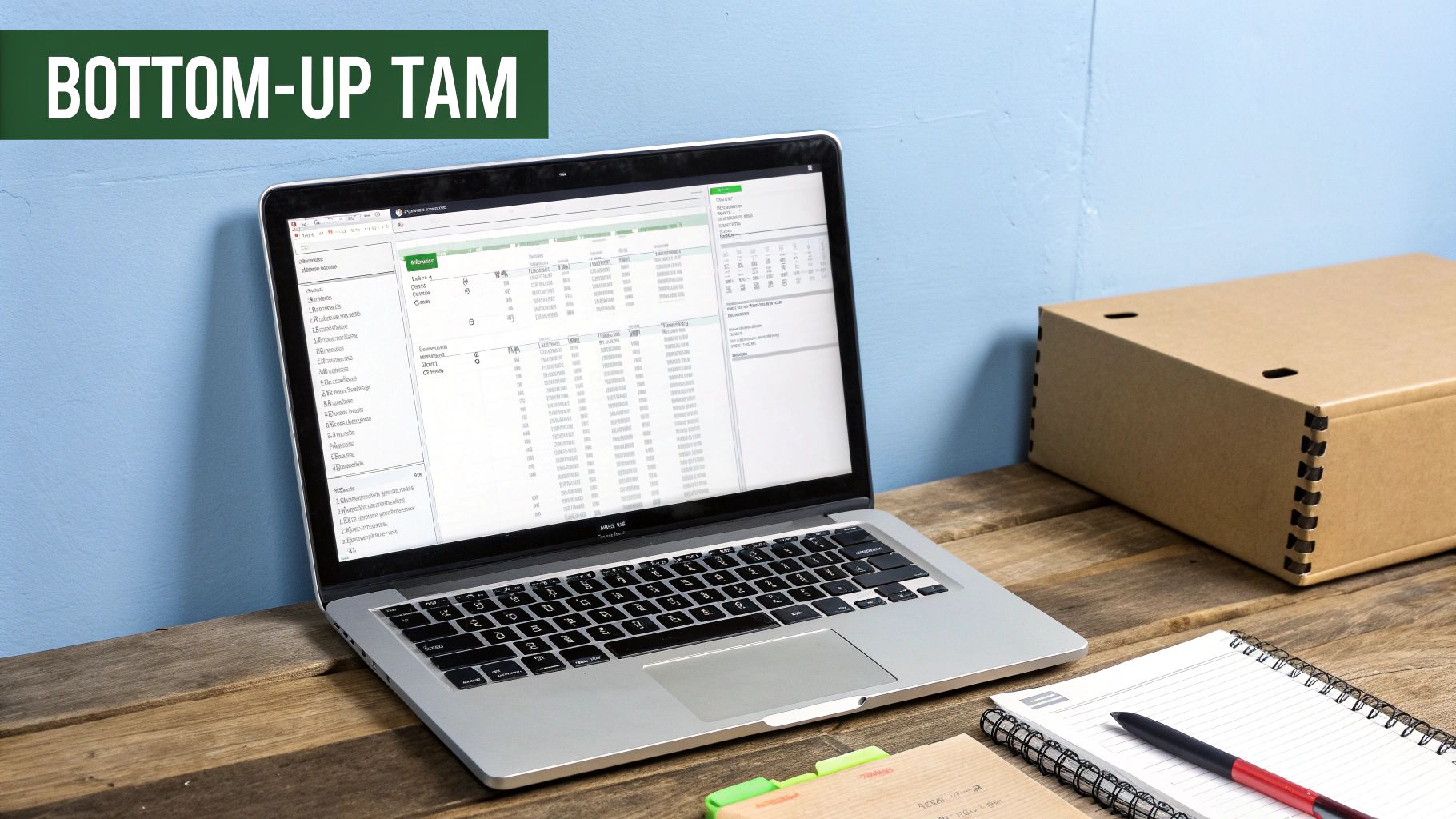 Laptop displaying spreadsheet with TAM calculation data on wooden desk with office supplies