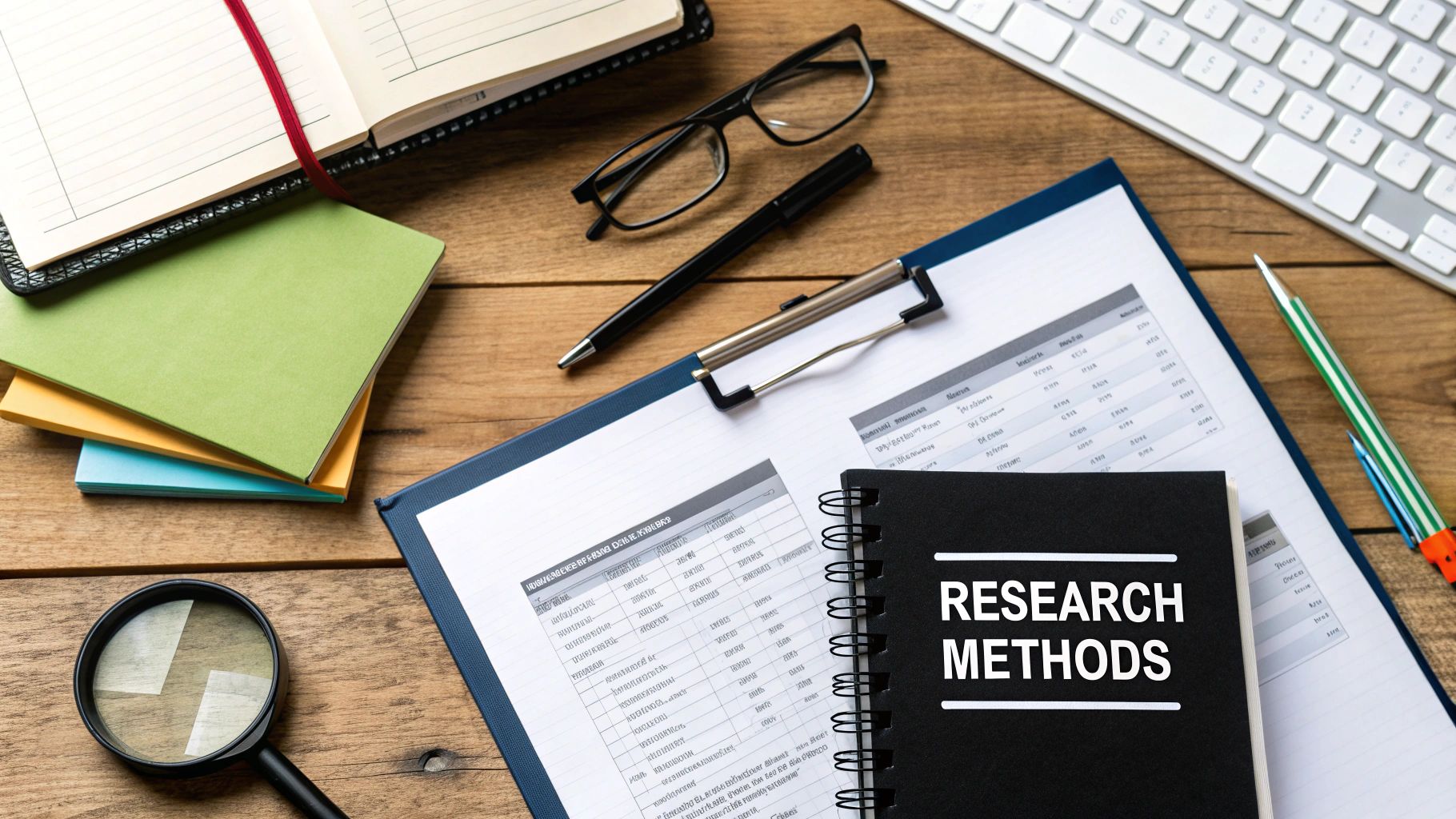 A magnifying glass hovering over a pie chart, symbolizing the selection of market research methods.