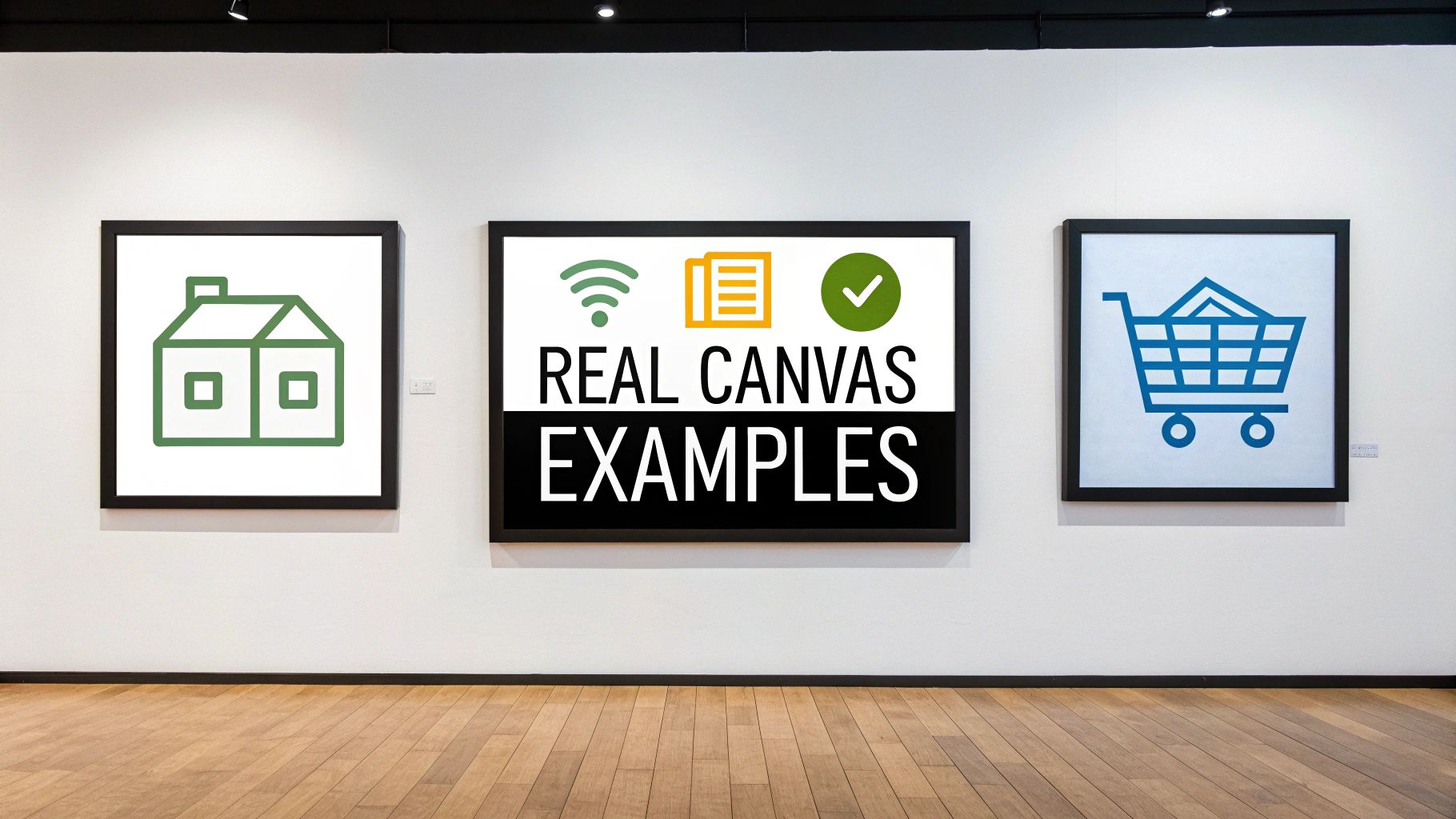 Several business model canvas examples on a wall