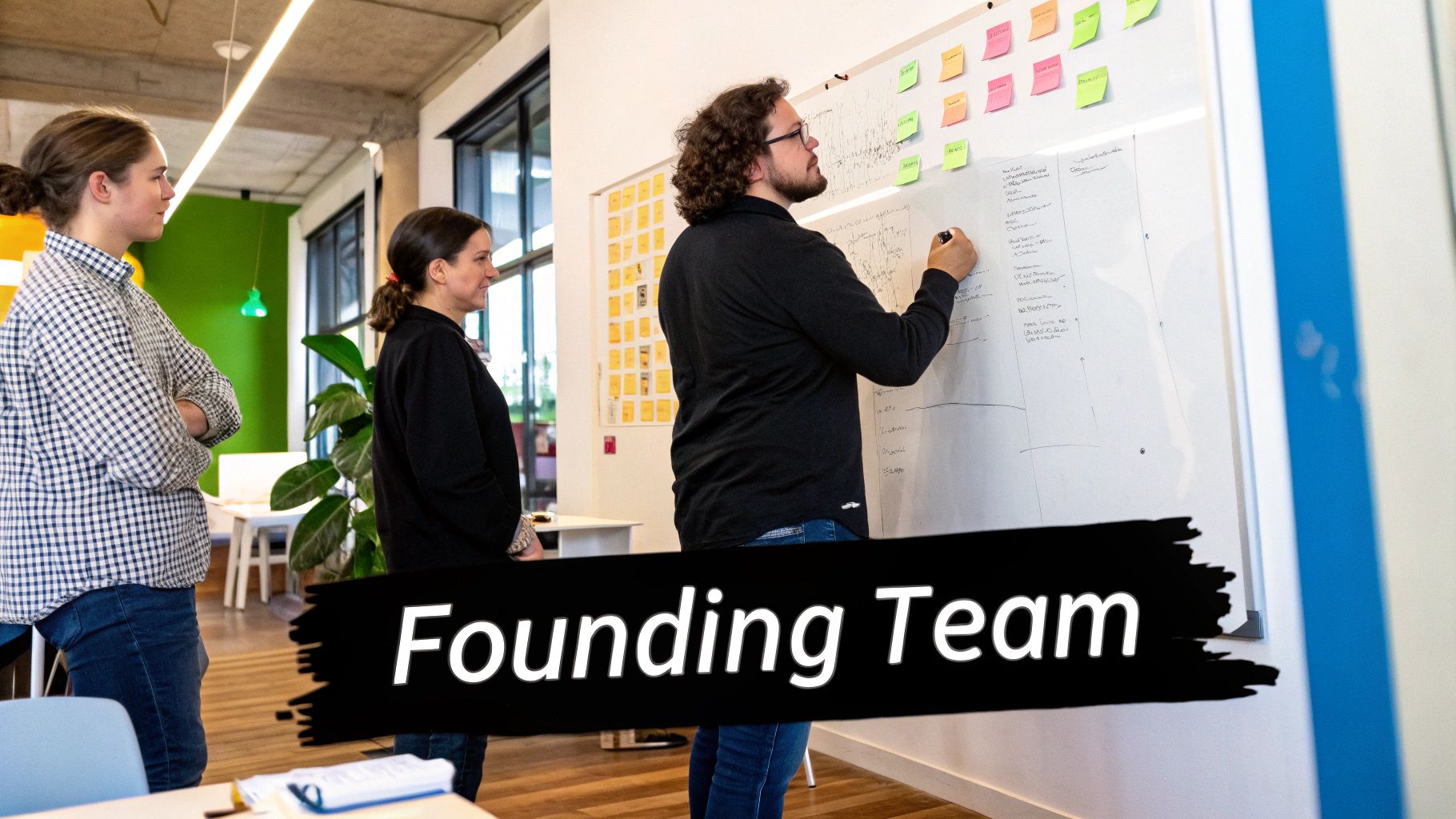 Three professionals collaborating around a table, representing a founding team