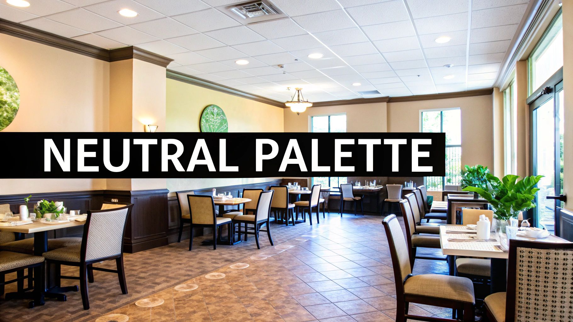Neutral palette interior of a dining space featuring light-colored walls, tables set for dining, and plants, illustrating the concept of neutralizing color schemes in home staging.