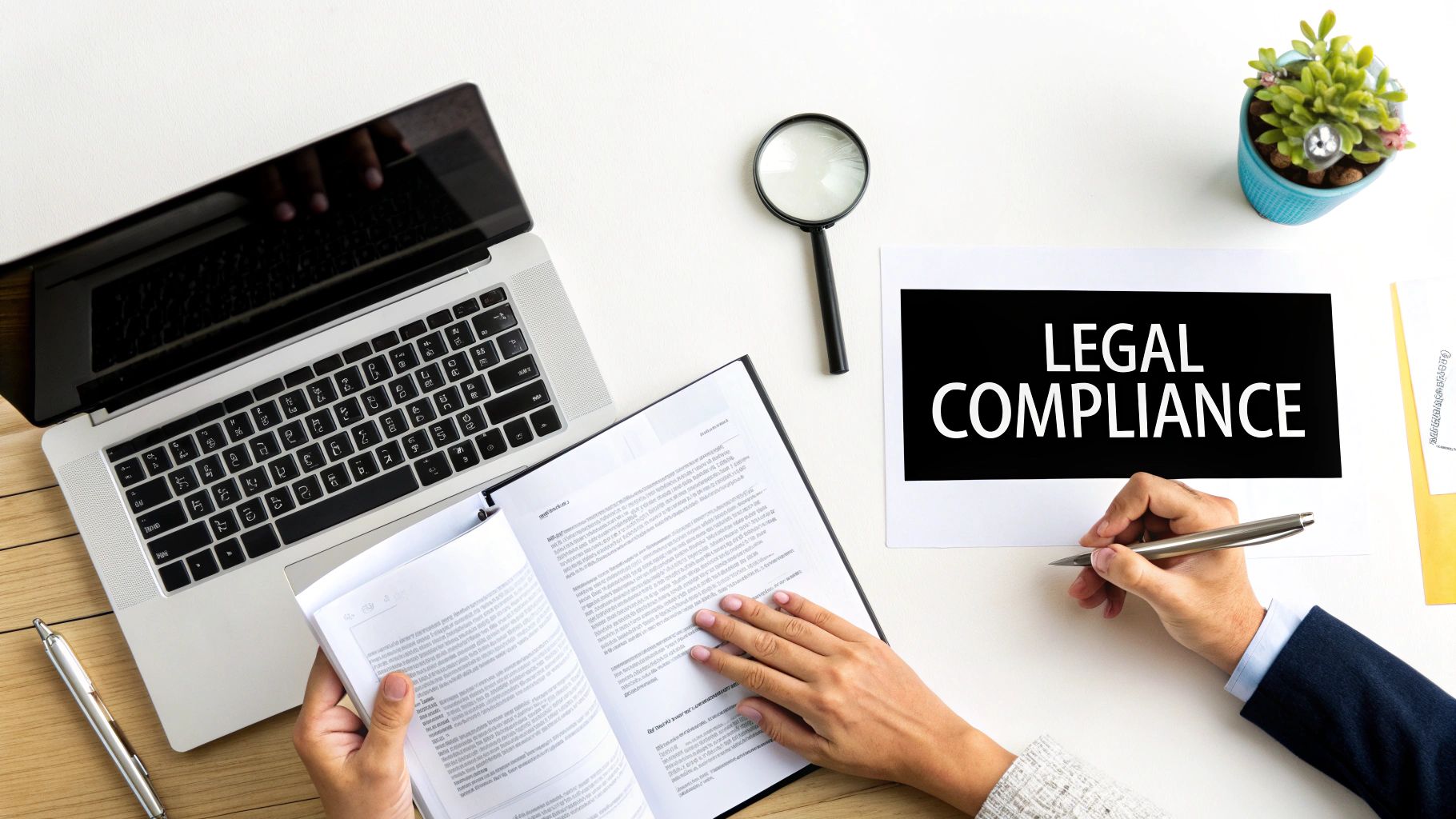 Overhead view of two people working on legal compliance, with a laptop, book, and magnifying glass on a desk.