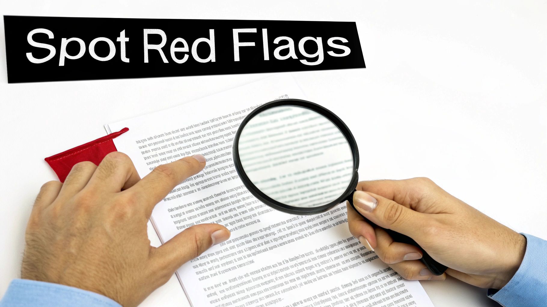 A person using a magnifying glass to inspect a document, symbolizing the careful review of a venture capital term sheet for red flags.