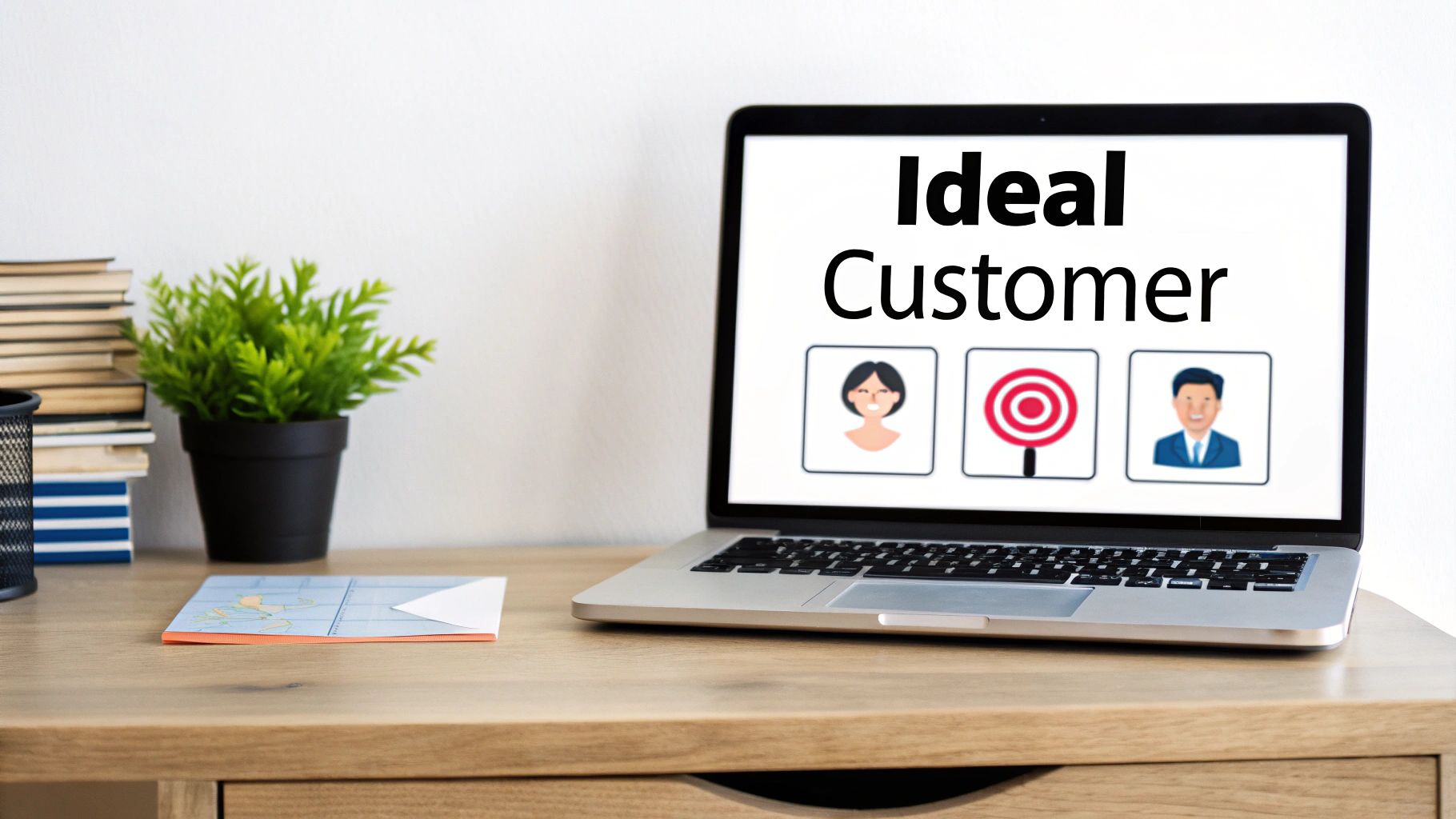 Laptop displaying "Ideal Customer" with icons representing diverse customer personas, surrounded by books, a plant, and a notepad, illustrating the importance of defining target audiences for successful product launches.