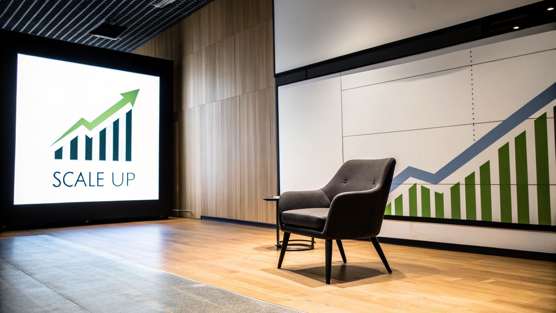 Empty, modern presentation stage with a 'SCALE UP' screen, growth charts, and an armchair.
