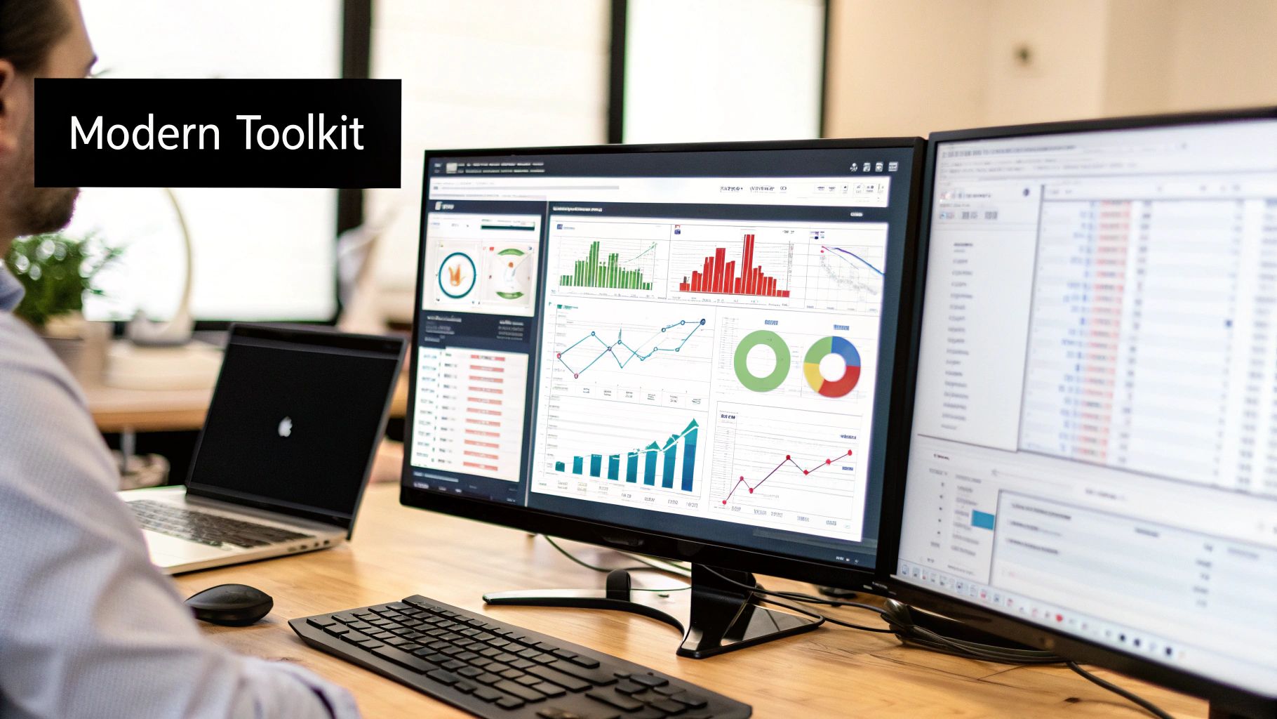 A person analyzing data on multiple computer screens