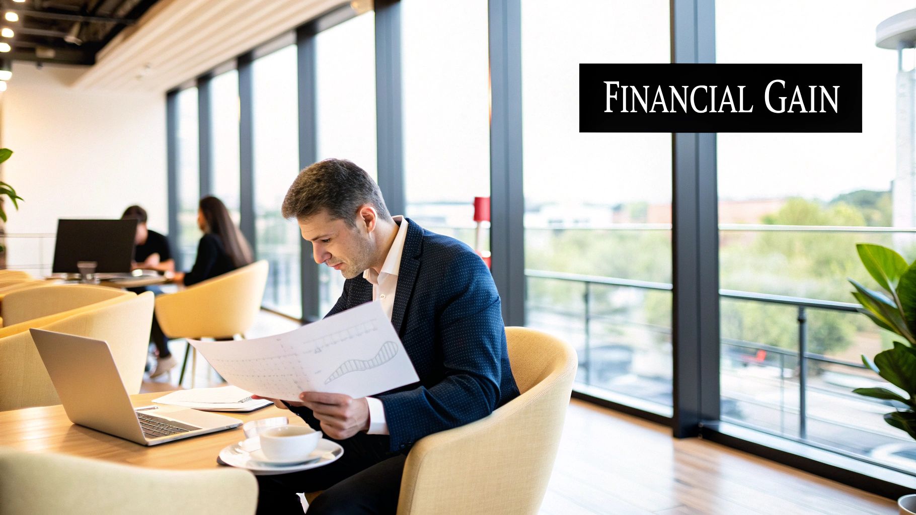 Business professional analyzing financial graphs in a modern workspace, emphasizing themes of financial gain and entrepreneurial motivation.