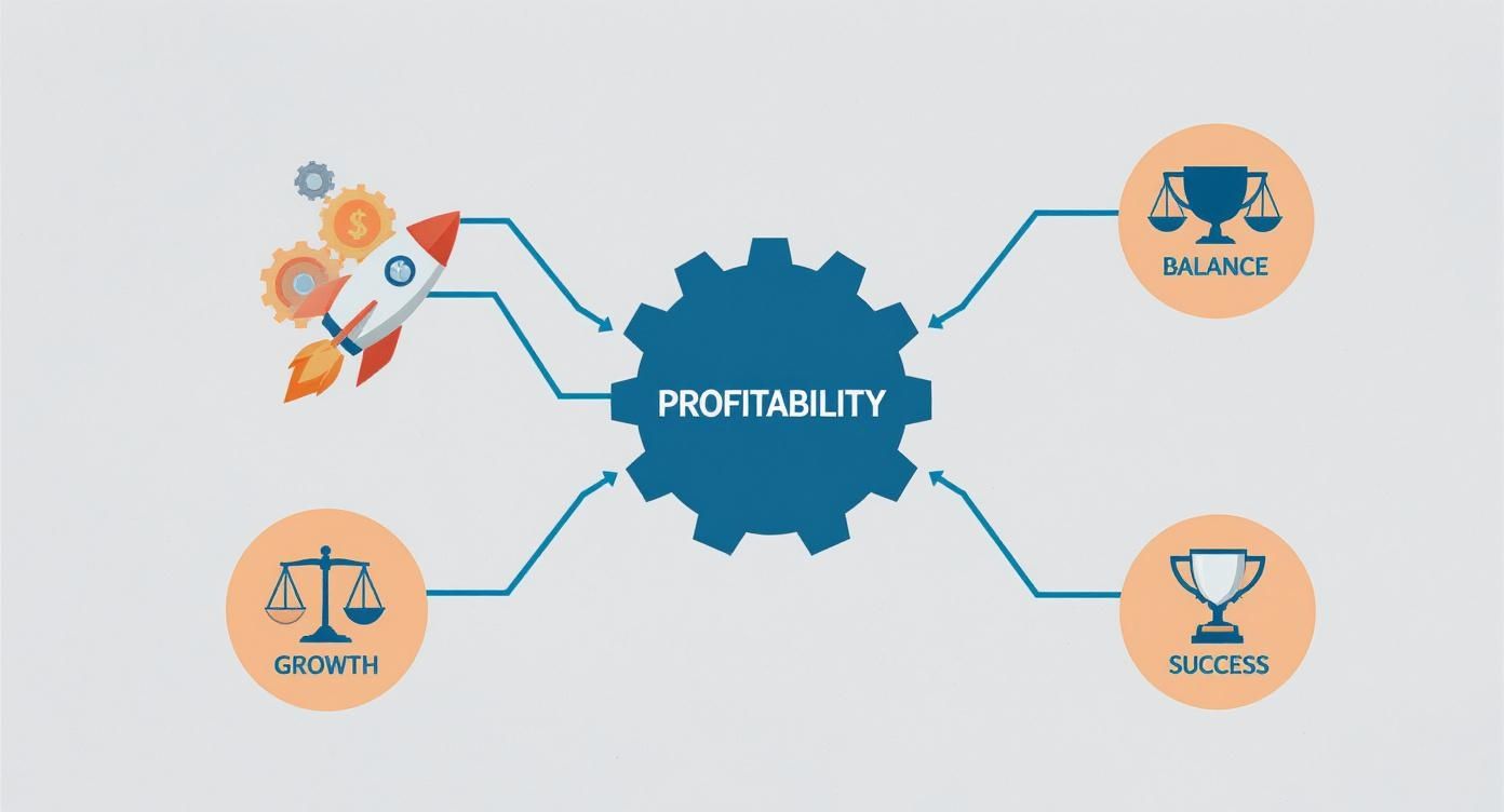 Profitability concept diagram featuring a central gear labeled "PROFITABILITY," with arrows leading to icons representing growth, balance, and success, alongside a rocket symbolizing startup momentum.