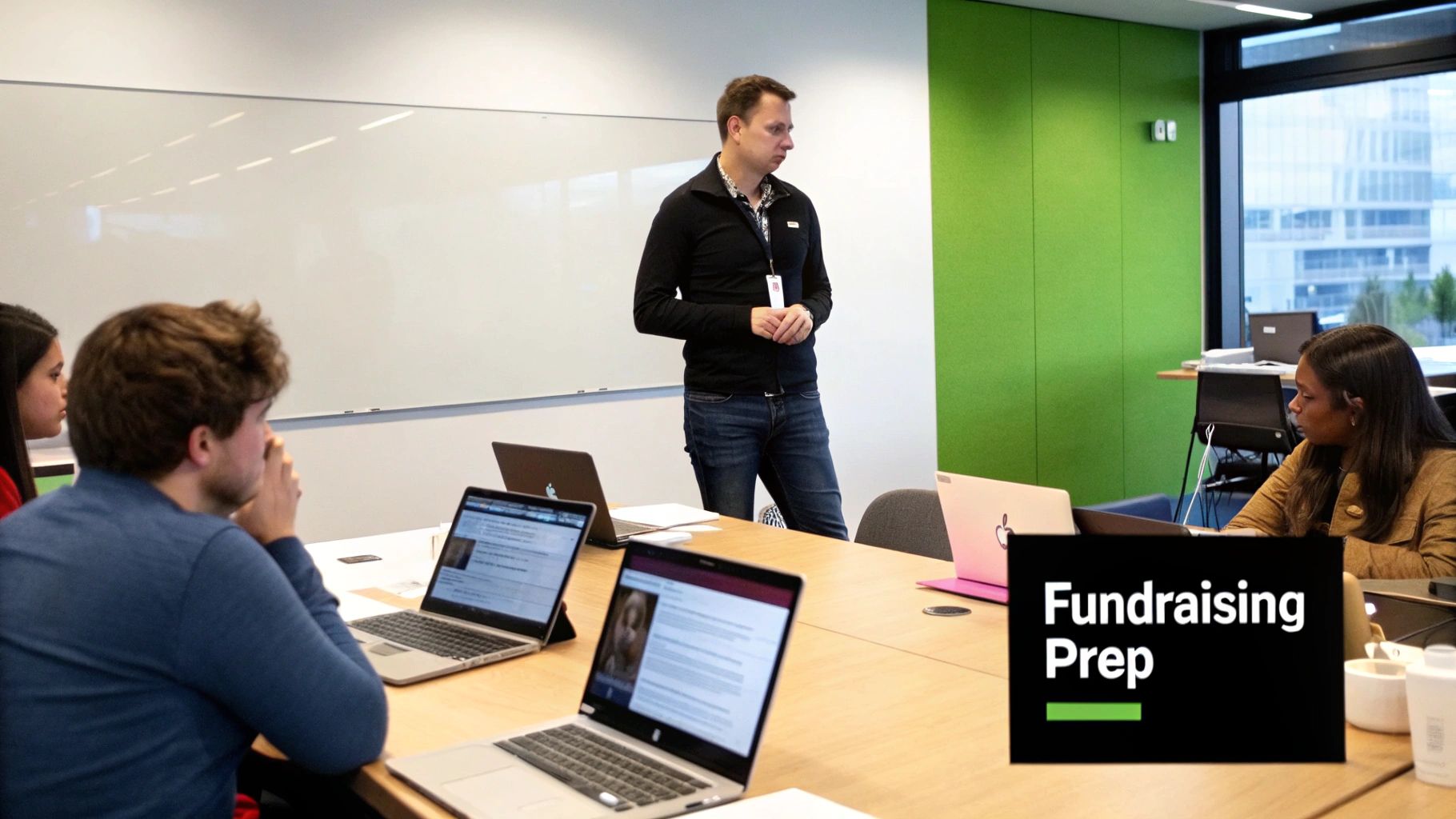 A founder presenting a pitch deck to a group of investors in a modern office.