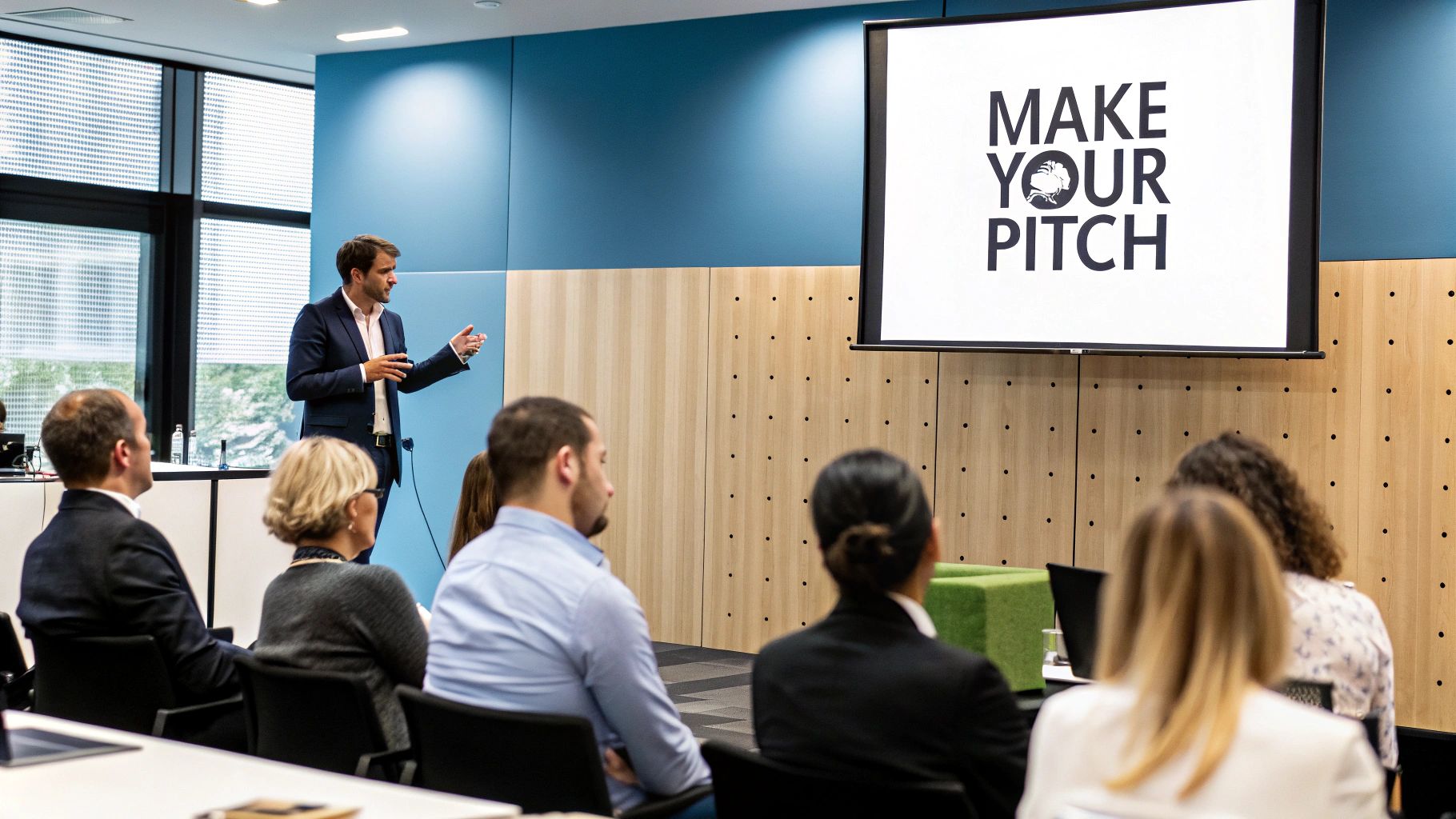 Founder delivering a compelling pitch to investors in a modern office.