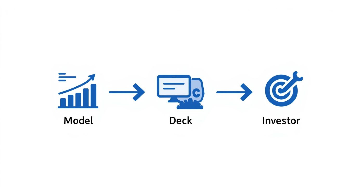 Model to Deck to Investor workflow diagram illustrating the process of securing funding for startups.