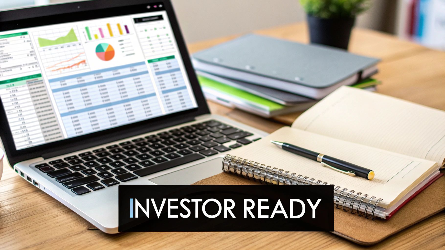 A founder confidently reviewing charts and graphs on a laptop, preparing for an investor presentation.