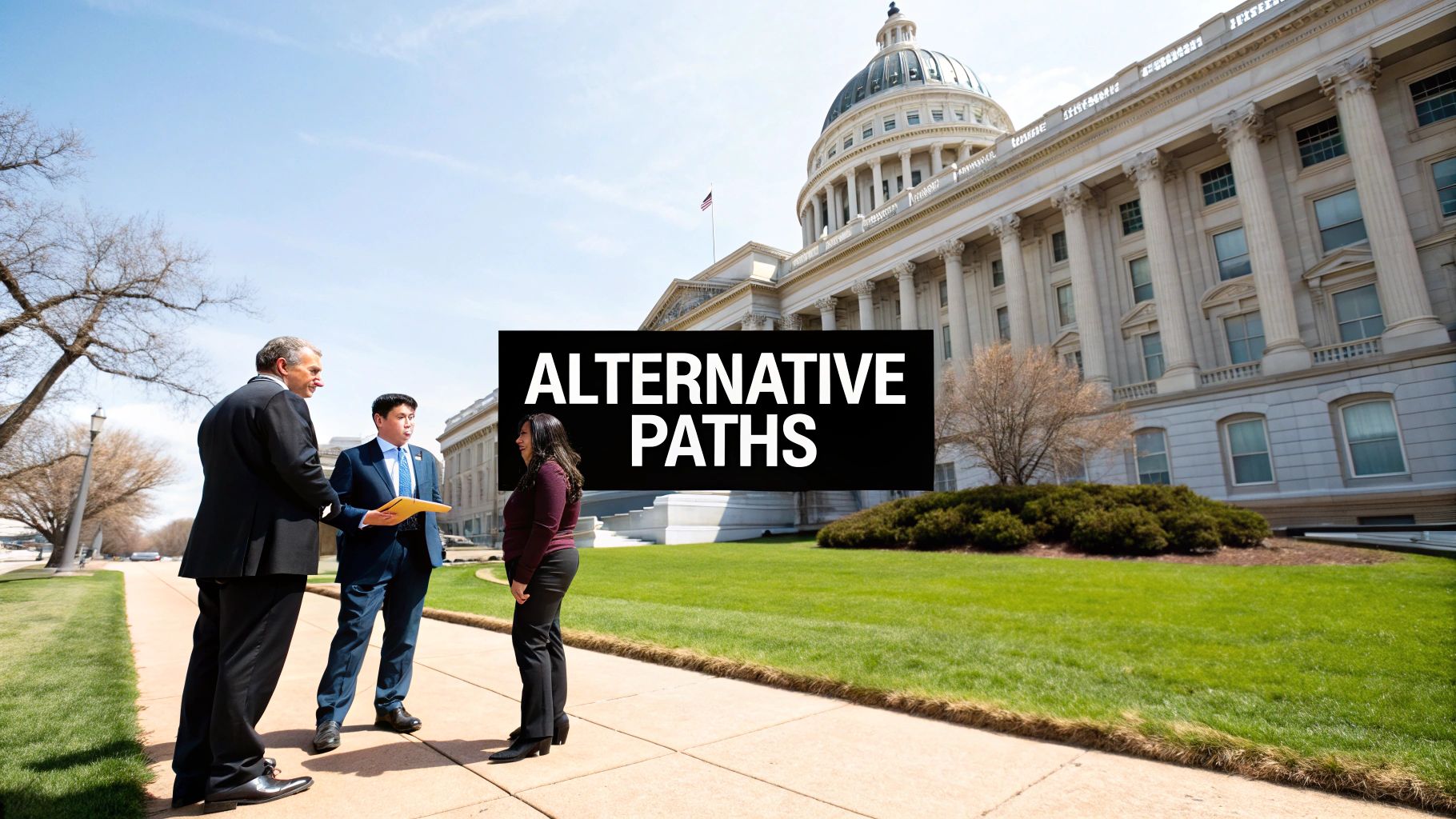 A collage of diverse funding sources: a government building, a crowd of people, and a financial chart.