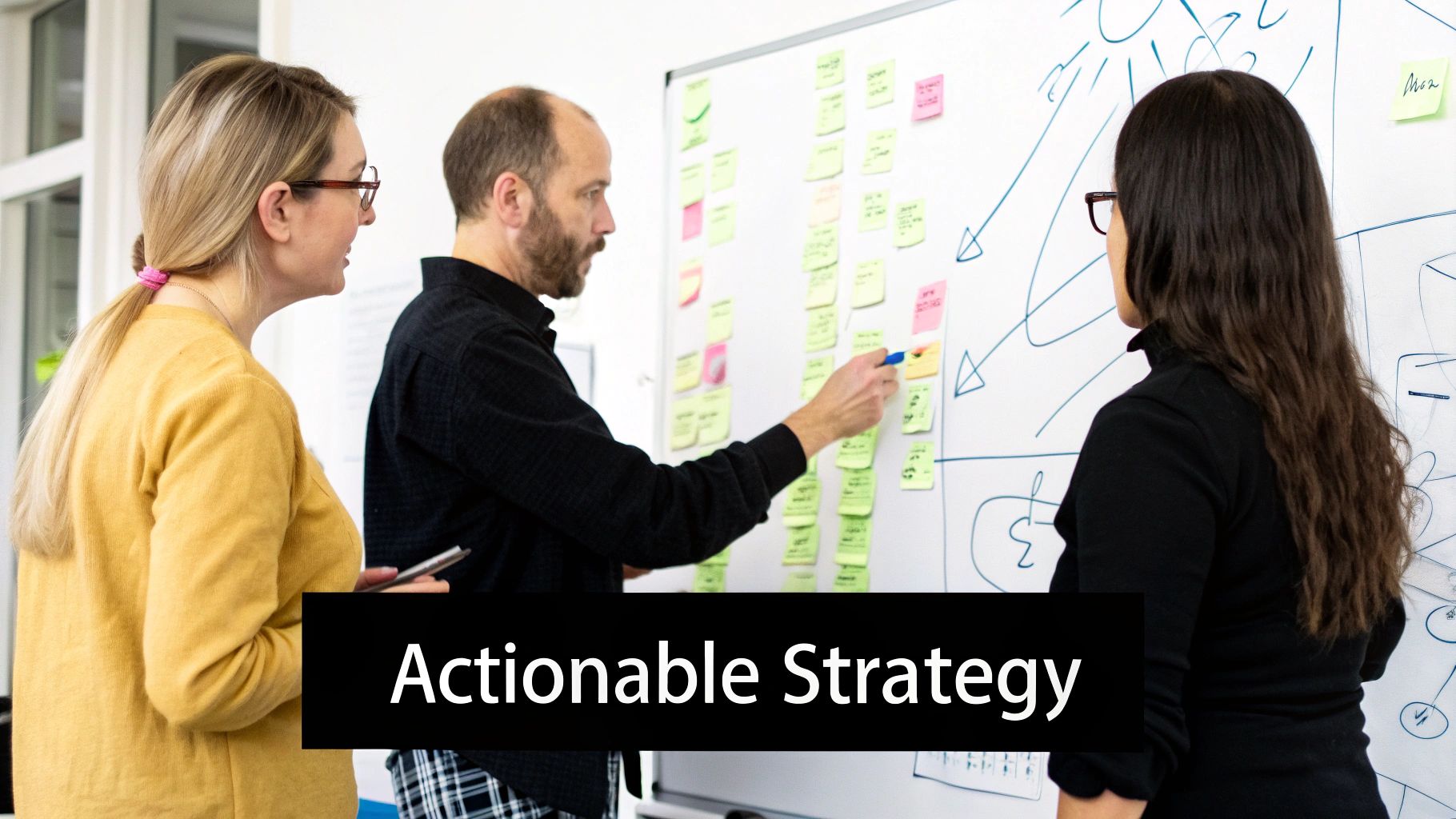 A person writing on a whiteboard, turning complex data points into a clear strategic plan.