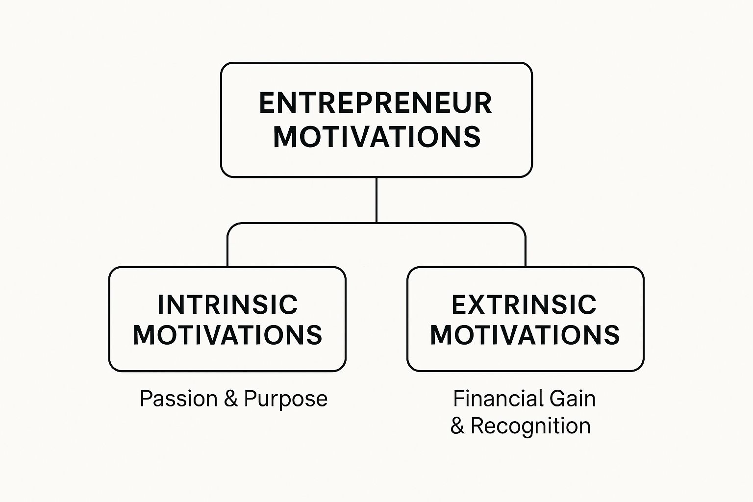 Entrepreneur motivations infographic illustrating intrinsic motivations (passion and purpose) and extrinsic motivations (financial gain and recognition).
