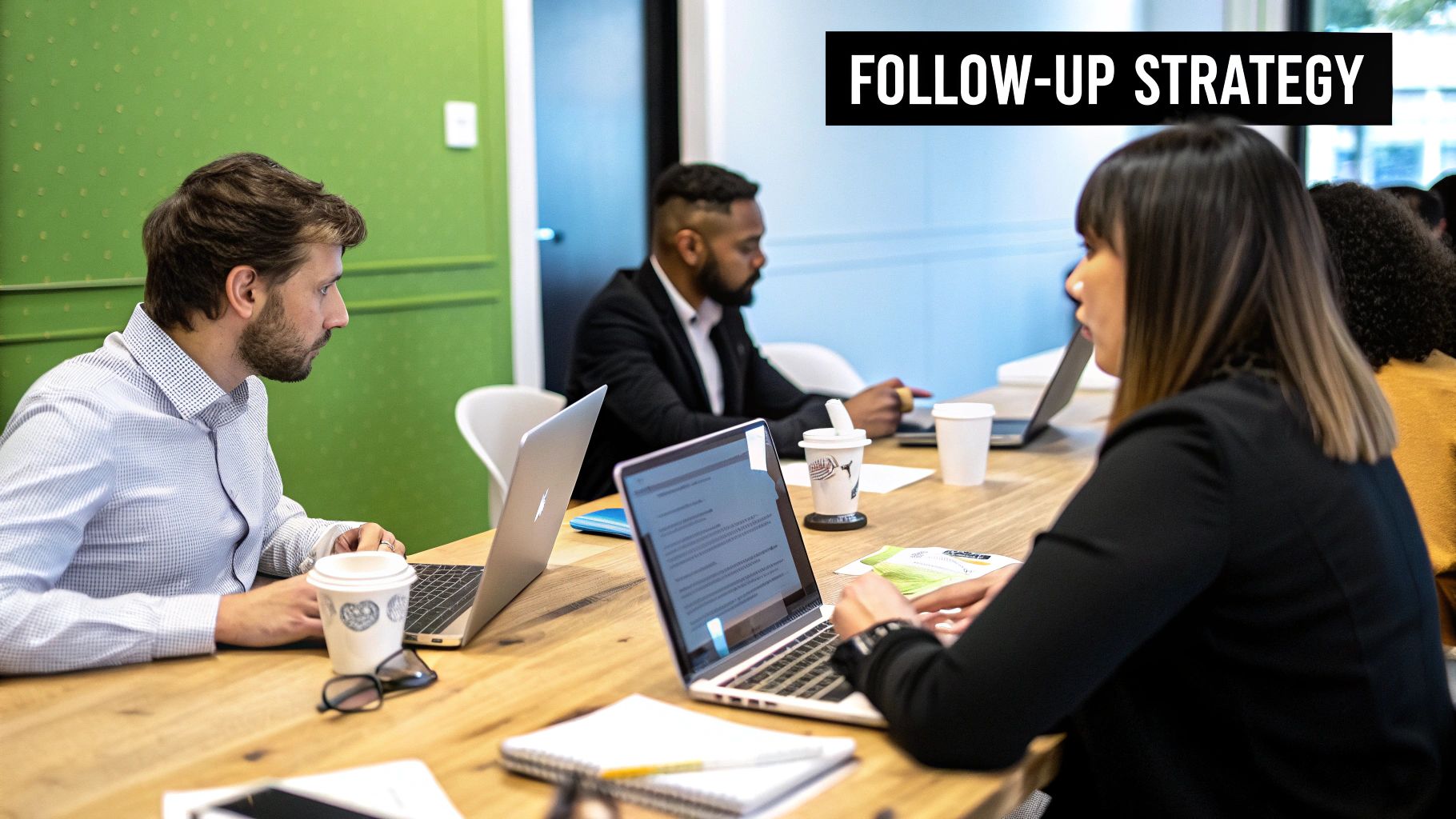 A founder and two investors engaged in a positive, collaborative discussion in a bright, modern meeting room.