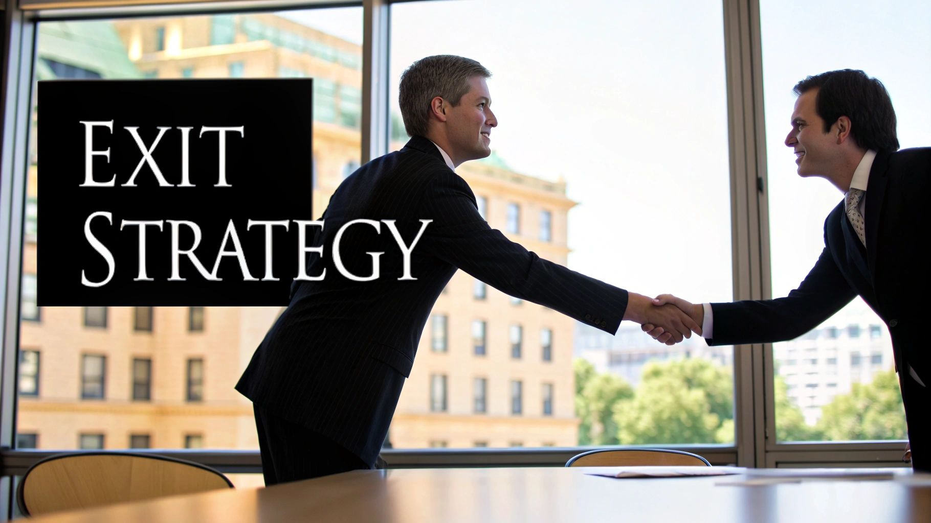 Two businessmen shaking hands in an office with city view, text reads 'EXIT STRATEGY'.