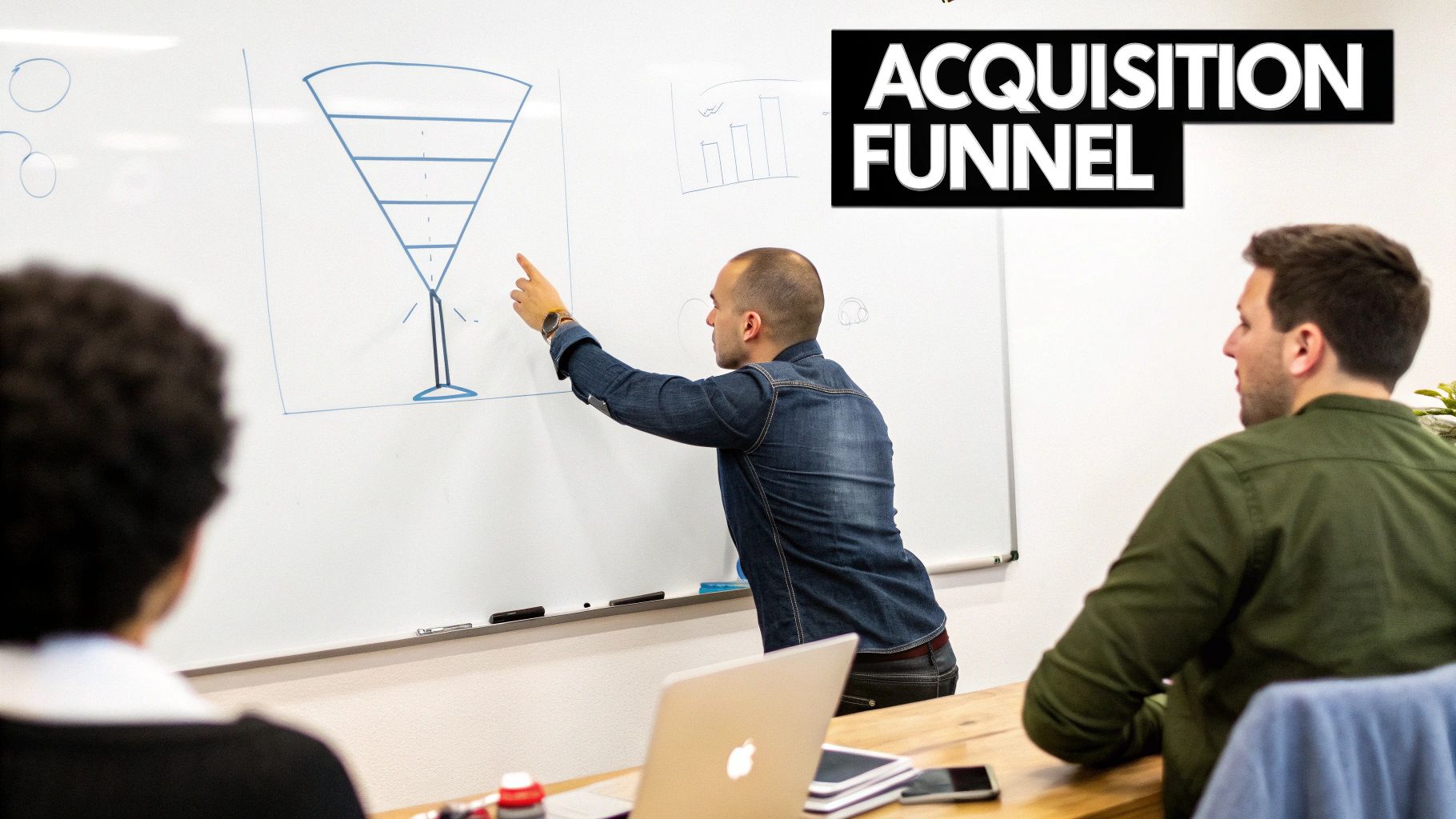 A group of startup founders collaborating around a whiteboard, sketching out marketing ideas.