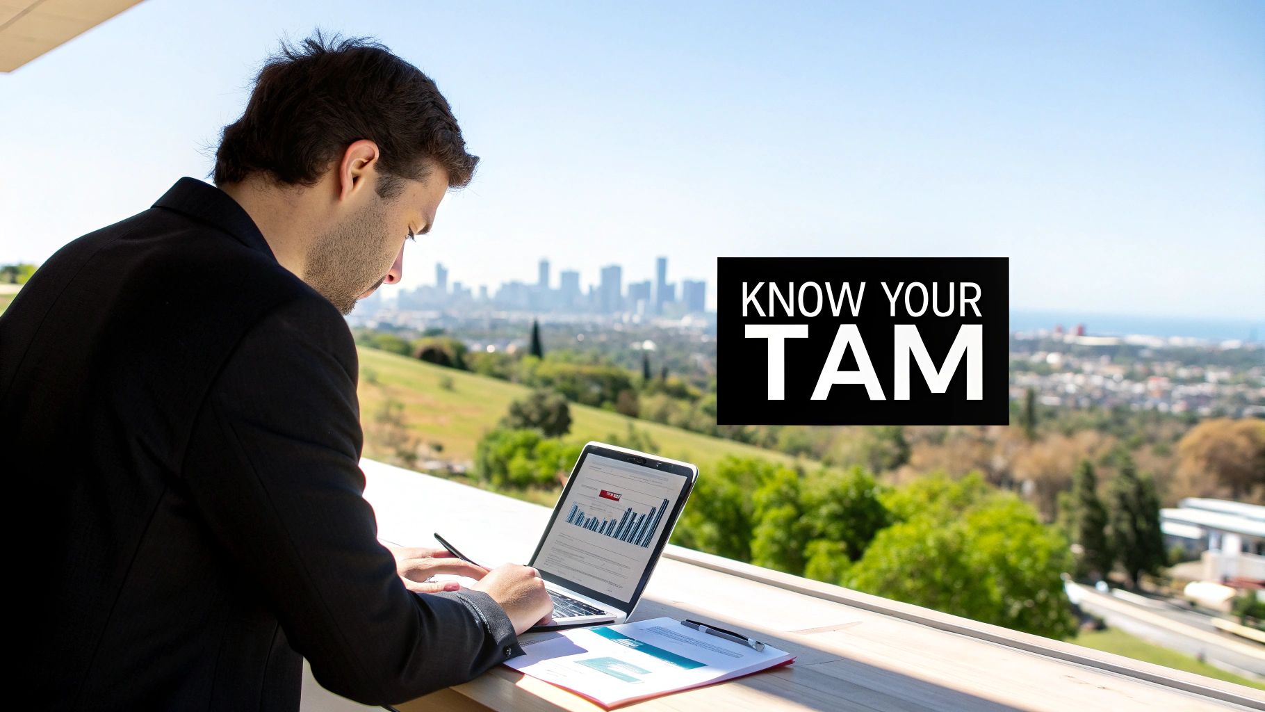 Business professional analyzing total addressable market data on laptop with city skyline background
