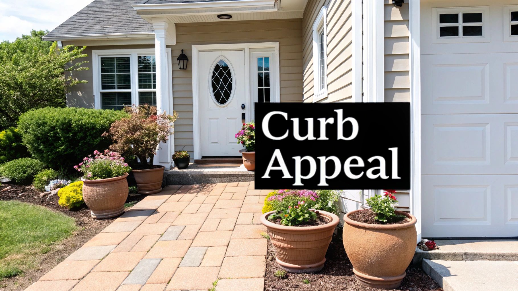 Front entrance of a home showcasing well-maintained landscaping with flower pots, a welcoming door, and the text "Curb Appeal," emphasizing the importance of exterior presentation in home staging.