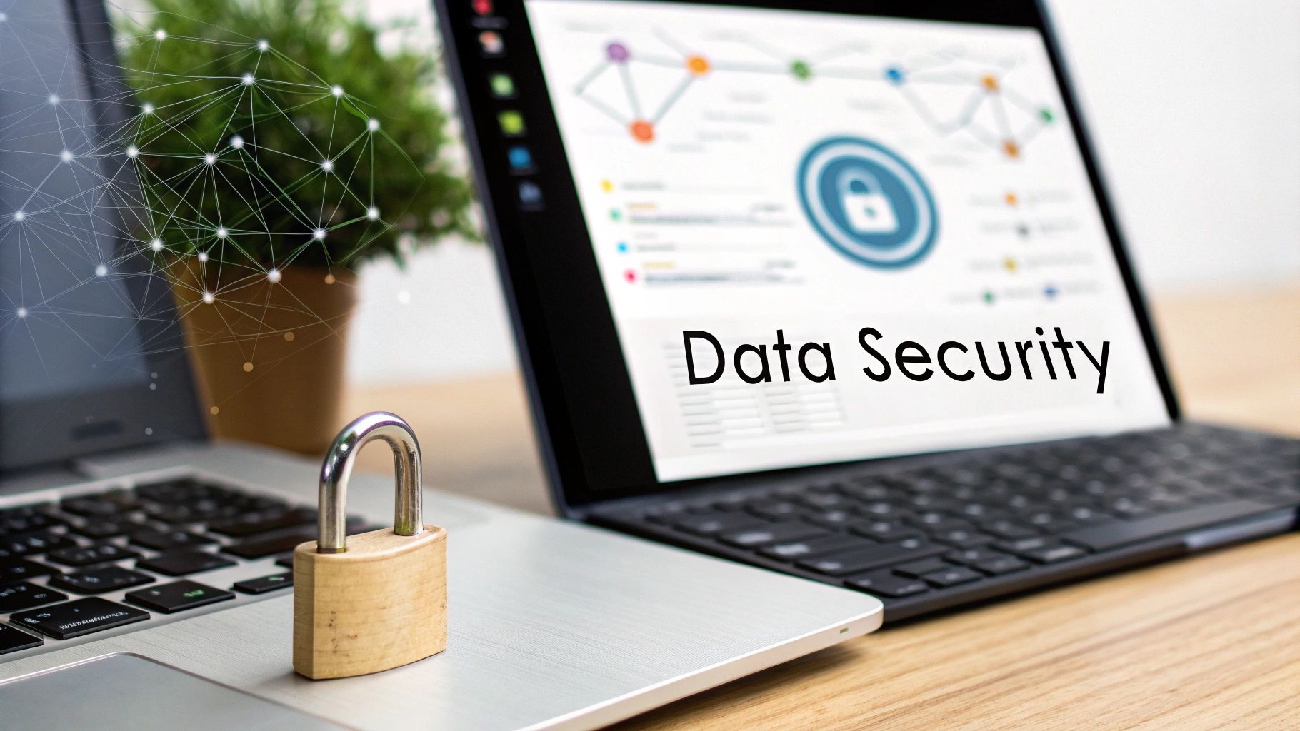 A laptop displaying 'Data Security' with a padlock on the keyboard, symbolizing cybersecurity.