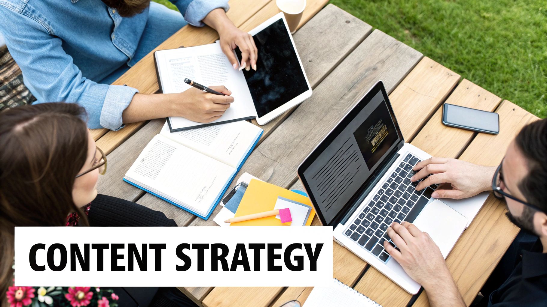 A group of startup professionals collaborating around a table with laptops, illustrating tactical marketing execution.