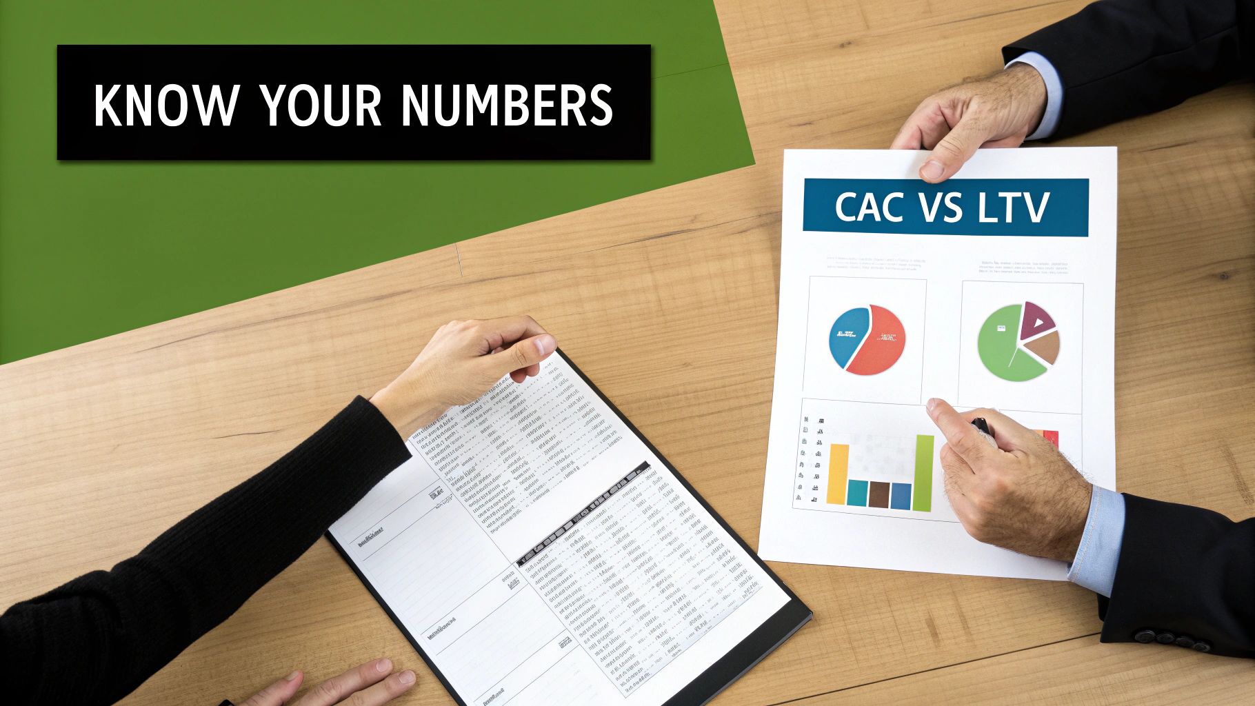 Two people in a meeting discussing business metrics like CAC vs LTV, emphasizing knowing your numbers.