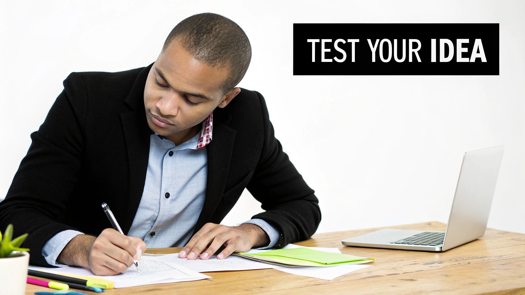 An entrepreneur sitting at a desk with a lightbulb idea, surrounded by sticky notes and sketches, looking thoughtful and strategic.
