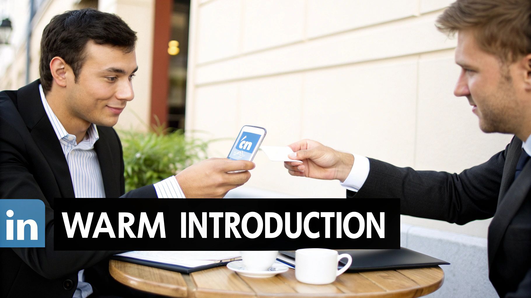 Men exchanging contact information with a smartphone displaying LinkedIn logo, emphasizing the concept of a warm introduction in a business setting.