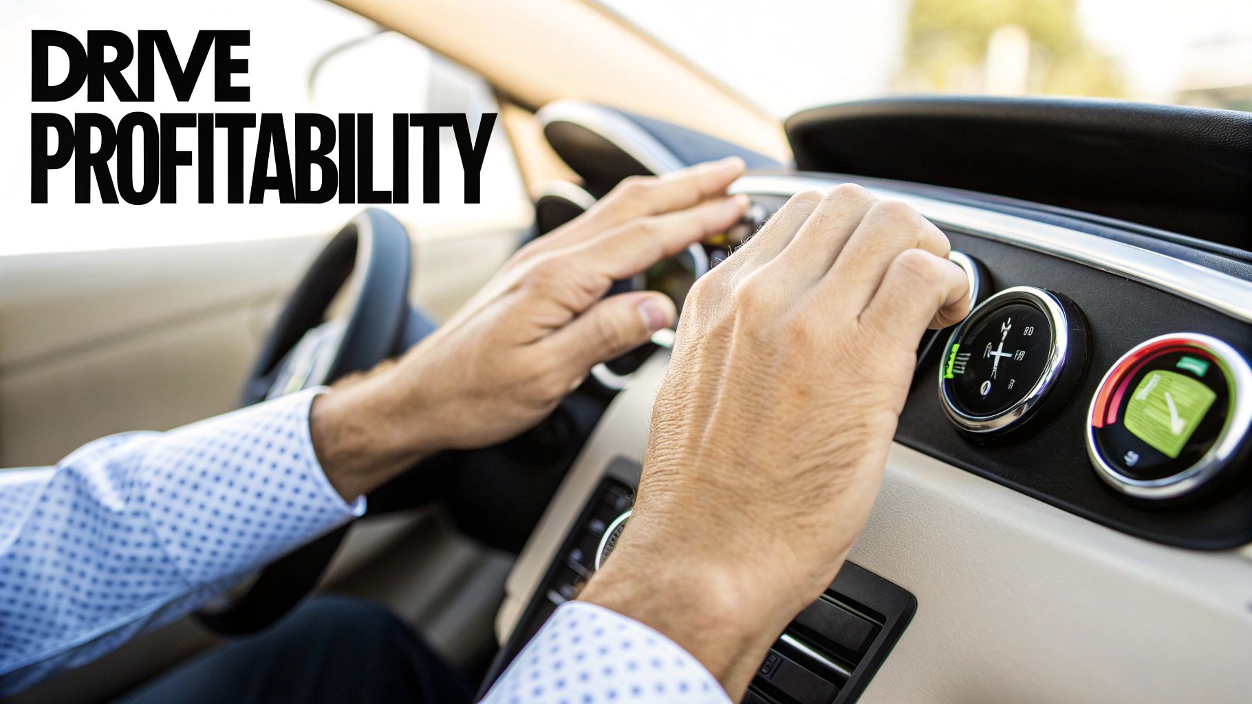 Hands adjusting controls in a car dashboard, emphasizing the concept of driving profitability for tech startups through strategic decision-making and optimization.