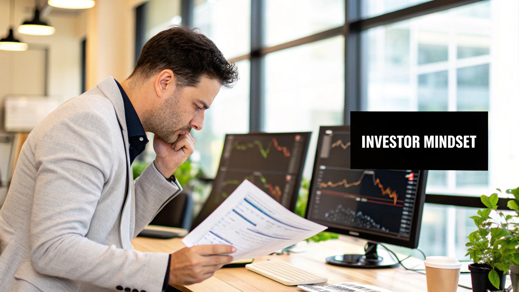 An investor carefully reviewing a startup pitch on a tablet in a modern office setting, deep in thought.