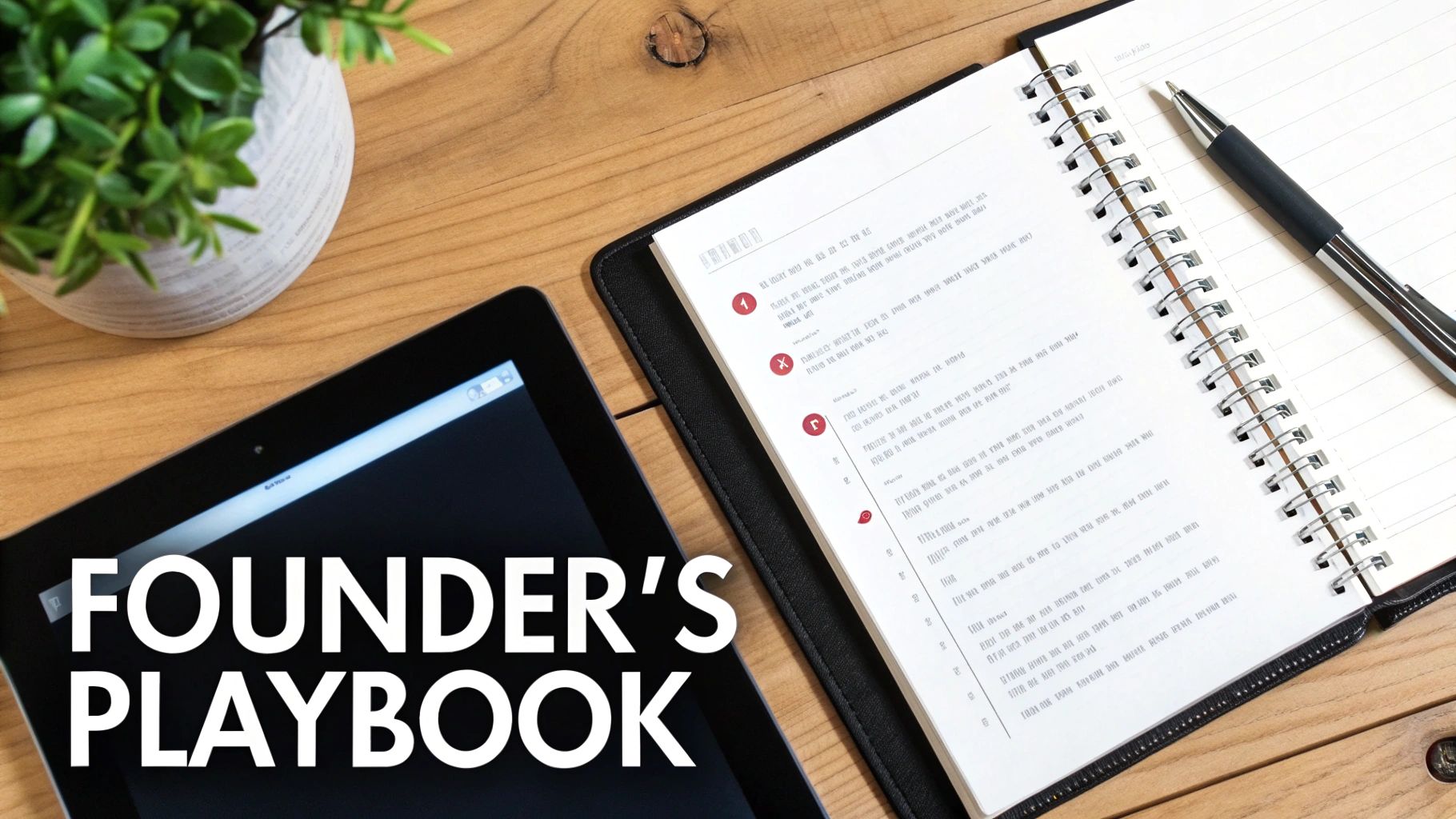 Founder's Playbook on a wooden desk with a notebook, pen, and tablet, emphasizing financial strategies for tech startup profitability.