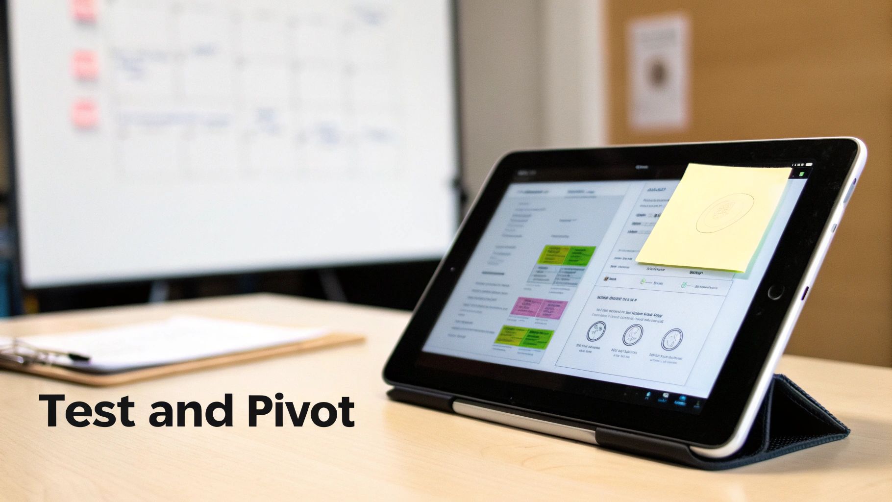 Tablet displaying business model canvas and project management interface on wooden desk workspace