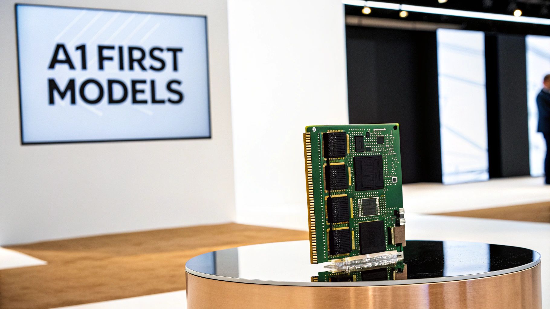 Green circuit board with memory chips displayed on reflective surface at A1 First Models presentation