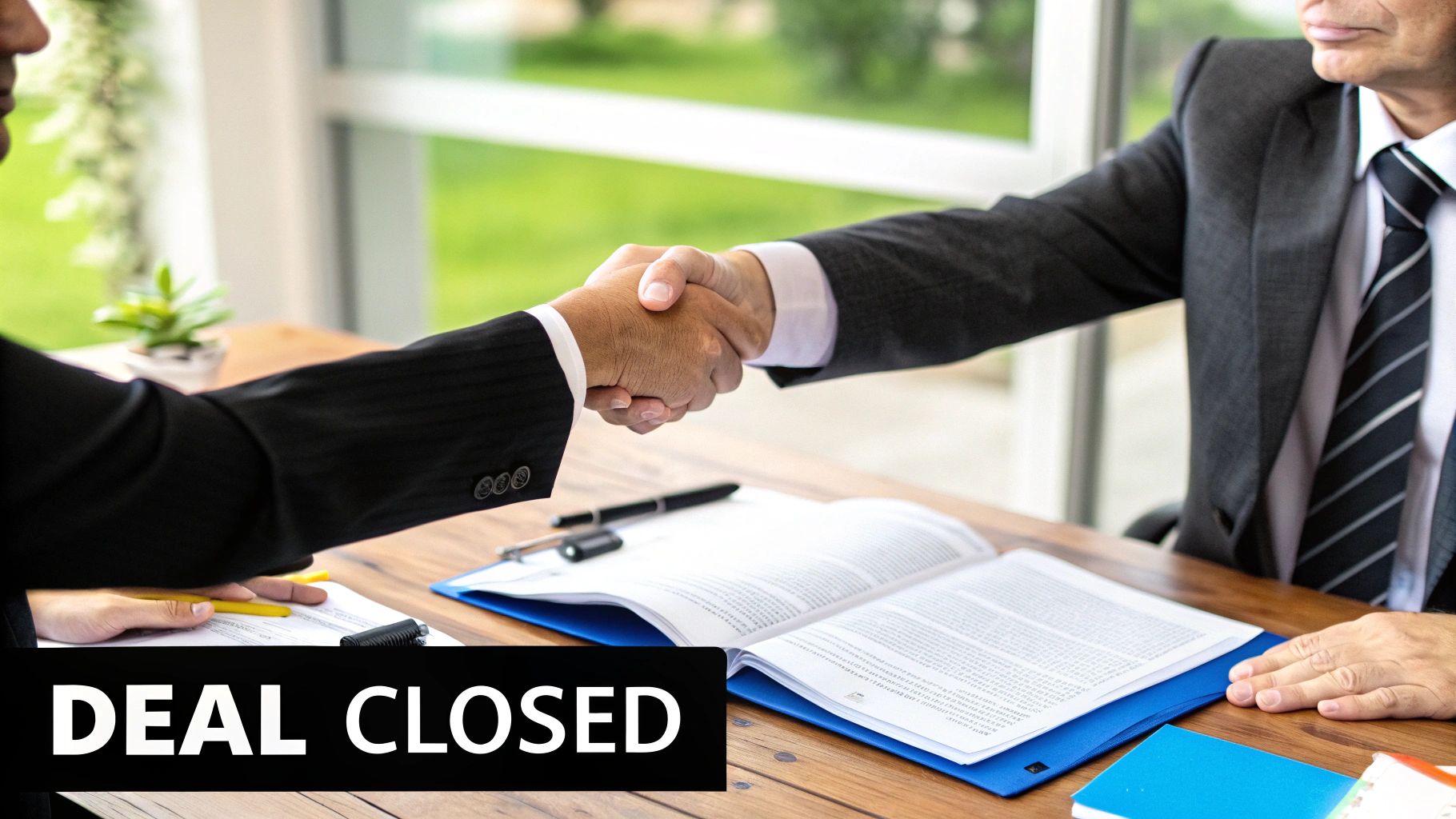 A founder and an investor shaking hands across a table, finalizing a deal.