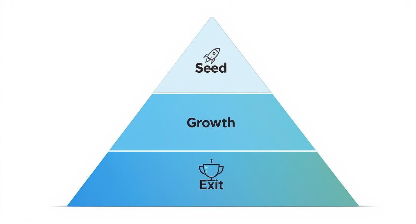 A three-tier pyramid diagram illustrating the stages of startup funding: Seed, Growth, and Exit.
