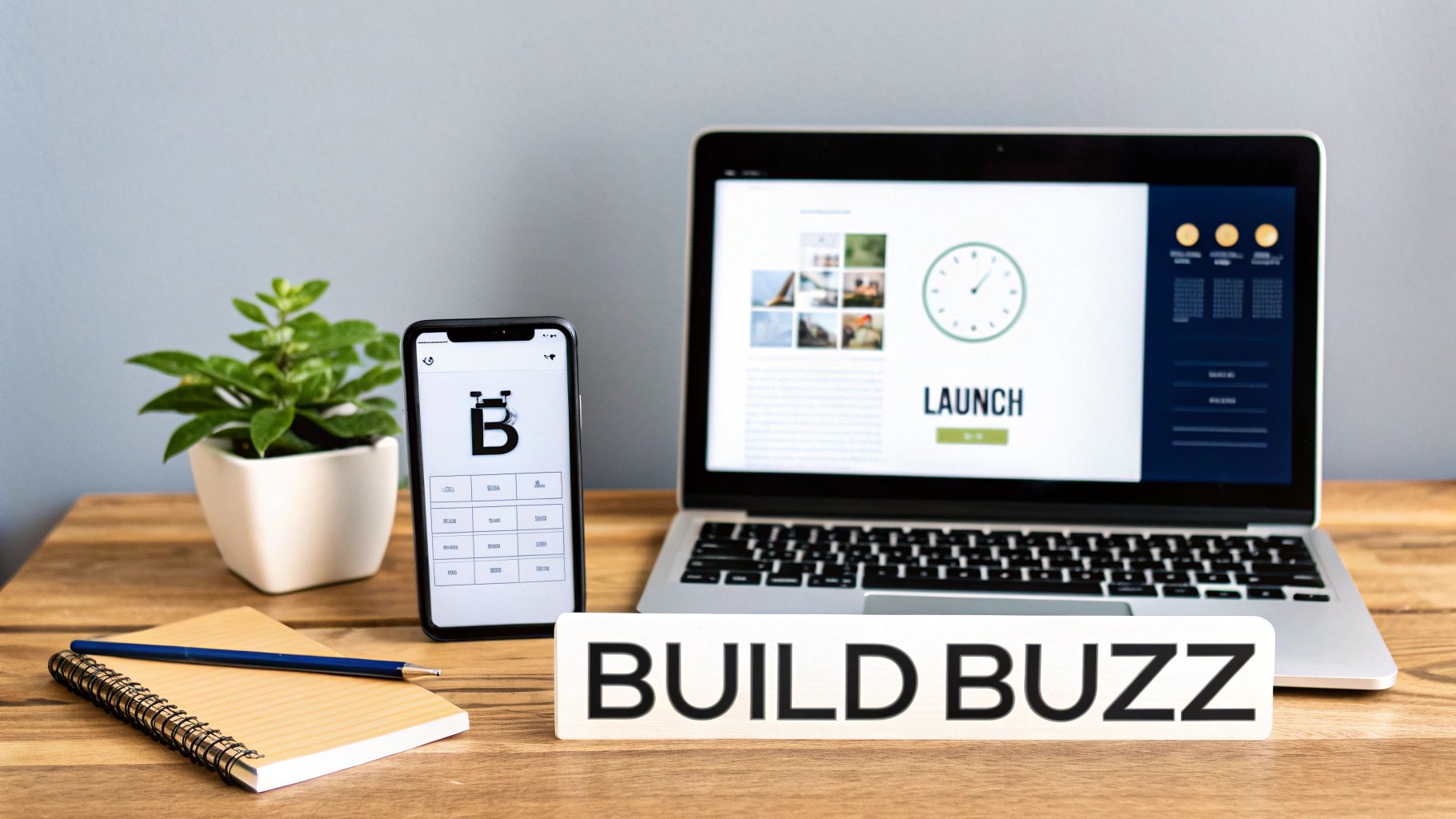 Laptop and smartphone displaying "BUILD BUZZ" and "LAUNCH" on a workspace desk with a notebook and a plant, emphasizing pre-launch marketing strategies for tech startups.