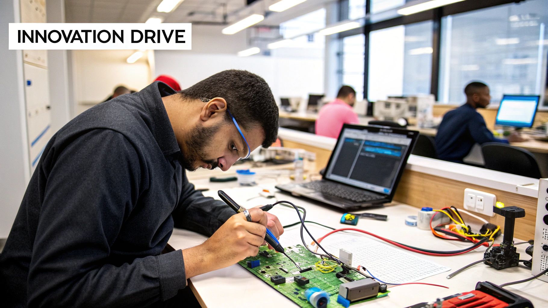 Person working on a circuit board with tools and laptop in a collaborative innovation workspace, highlighting entrepreneurship and problem-solving in technology development.