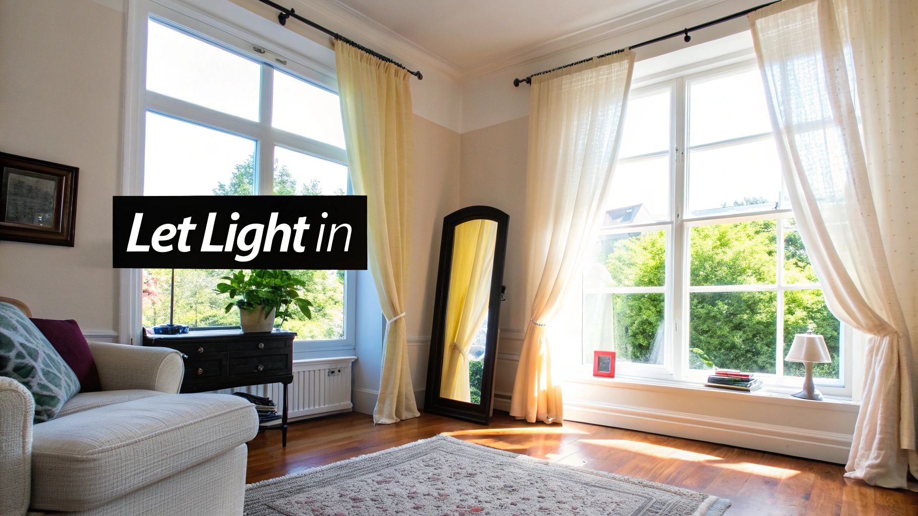Bright living room with large windows, sheer curtains, and a mirror, emphasizing natural light and a welcoming atmosphere for home staging.