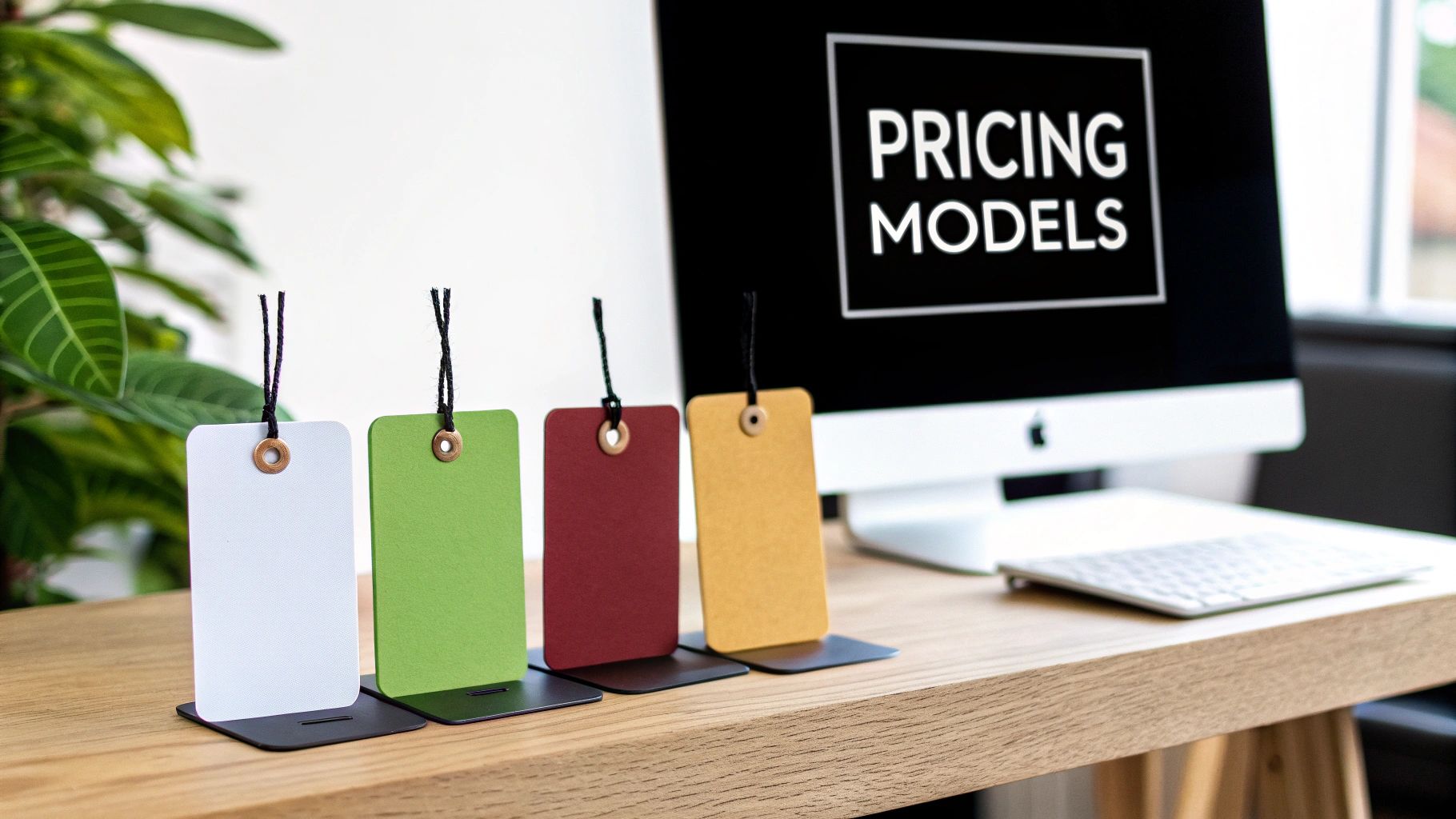 Four colorful pricing tags displayed on desk with computer screen showing pricing models text