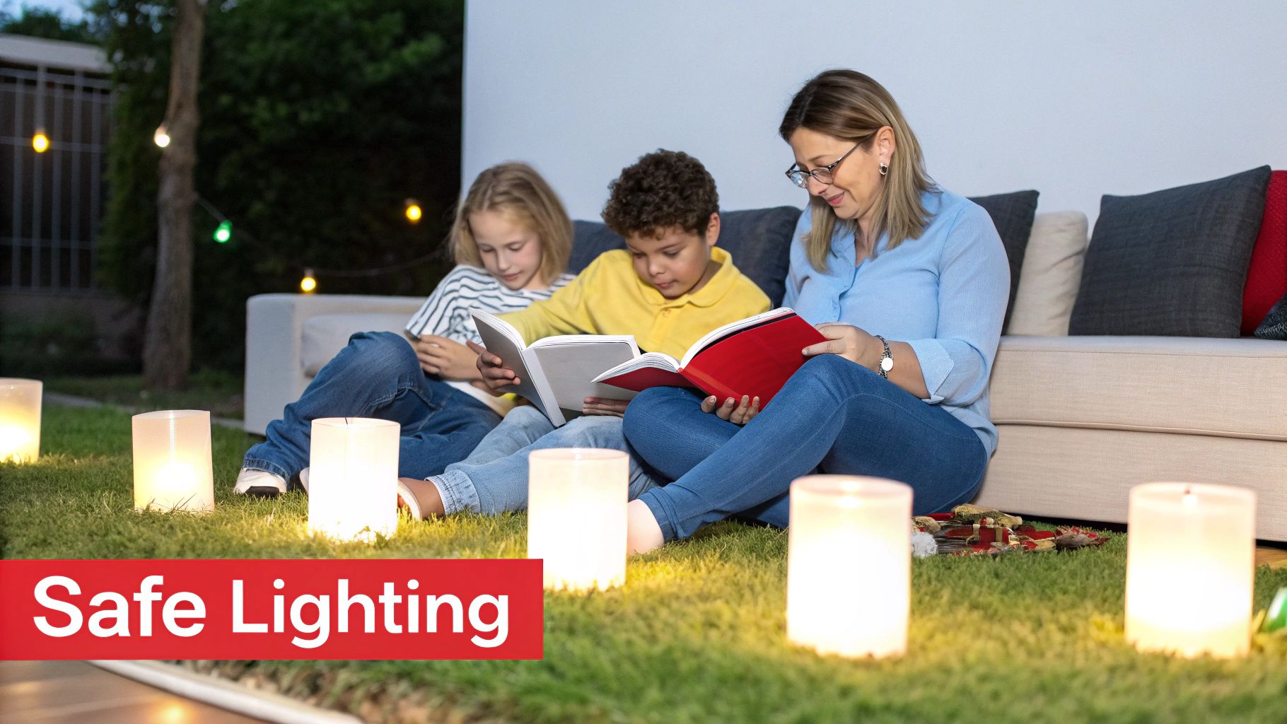 Family enjoys an evening reading session outdoors, lit by safe, glowing lanterns.
