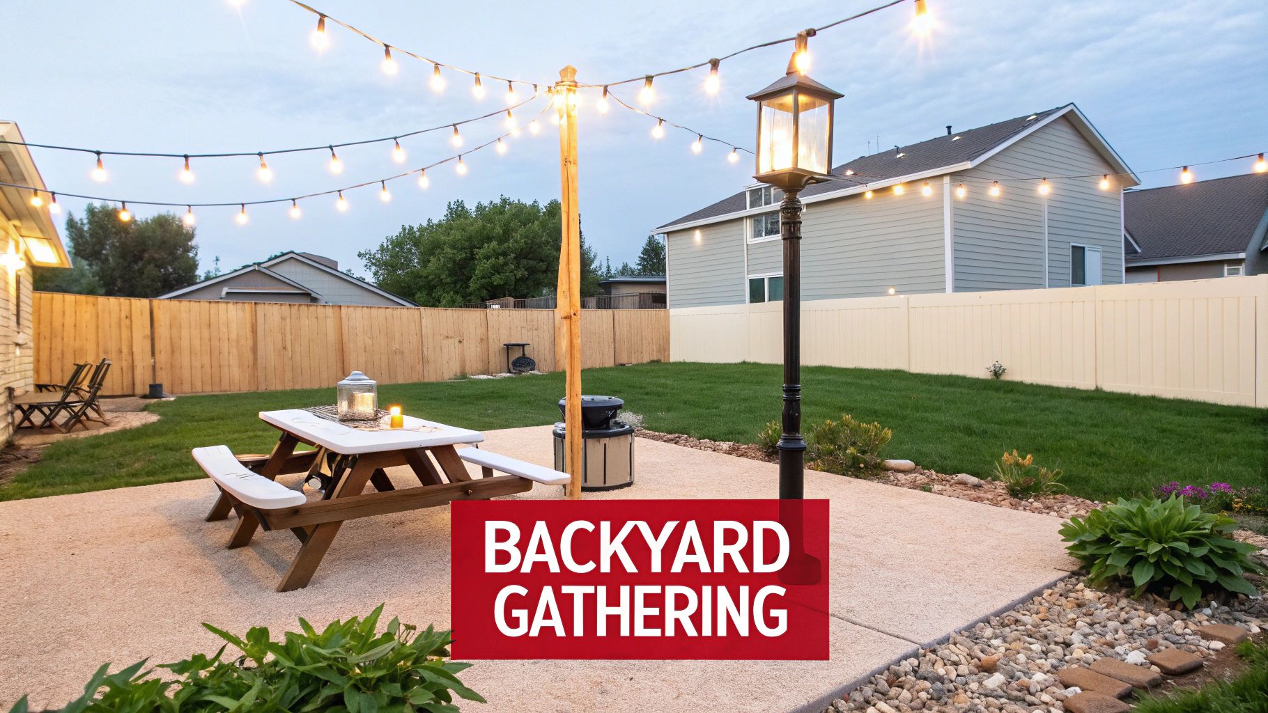 A cozy backyard at dusk with string lights illuminating a picnic table and a lamppost.