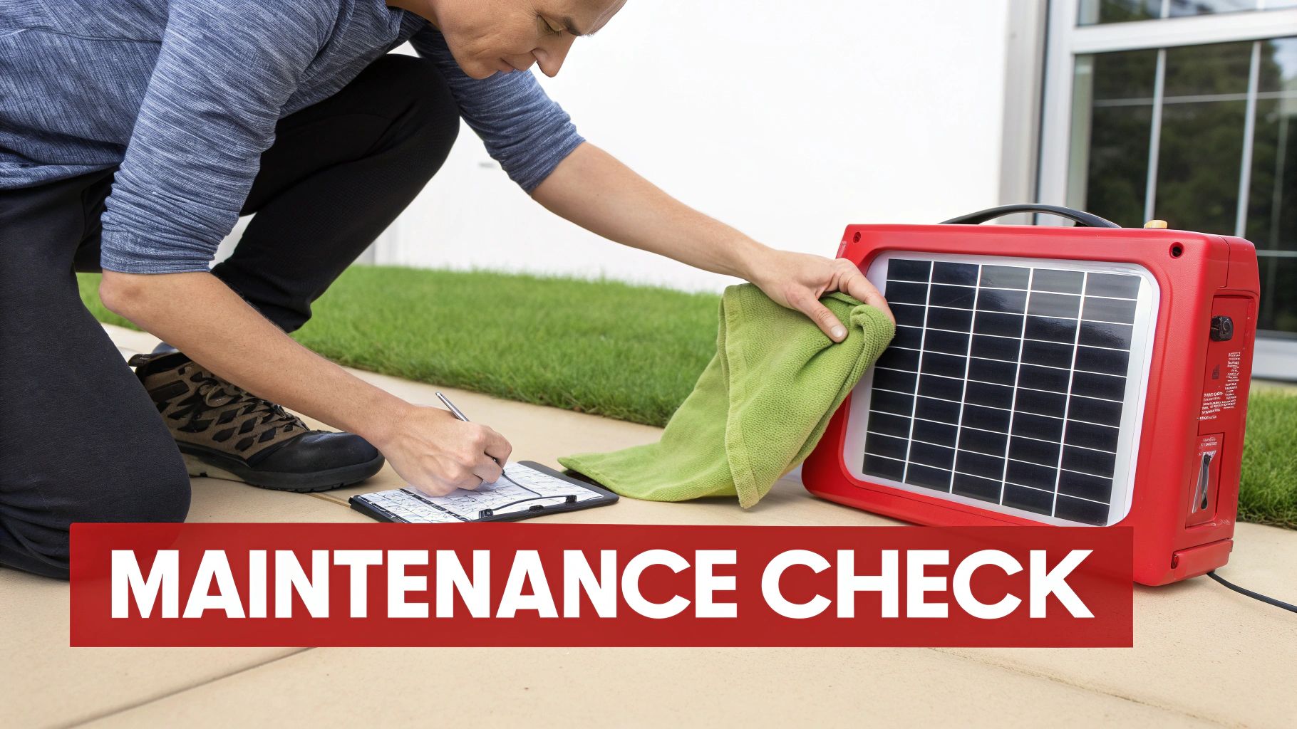 A person performs a maintenance check on a red solar-powered emergency light, writing notes on a clipboard.